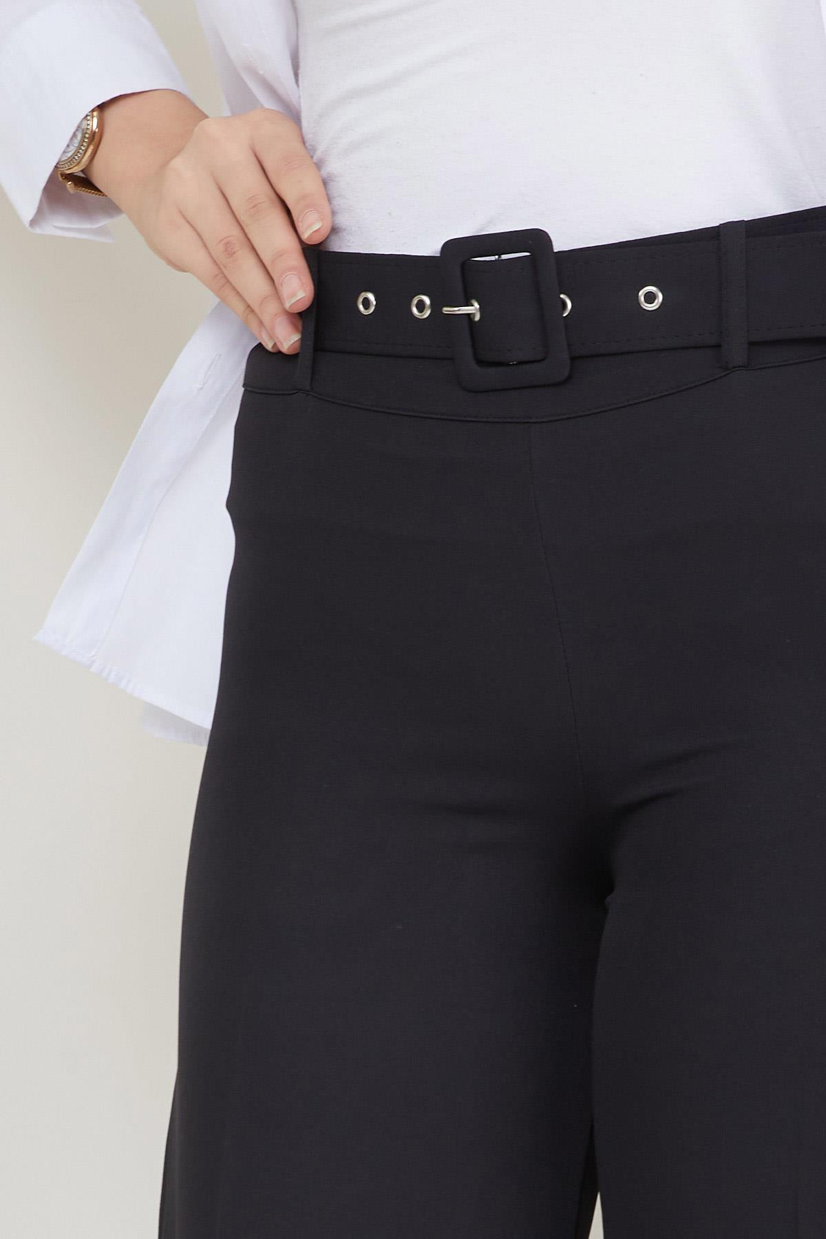 Kemerli Geniş Paça Kumaş Pantolon Siyah