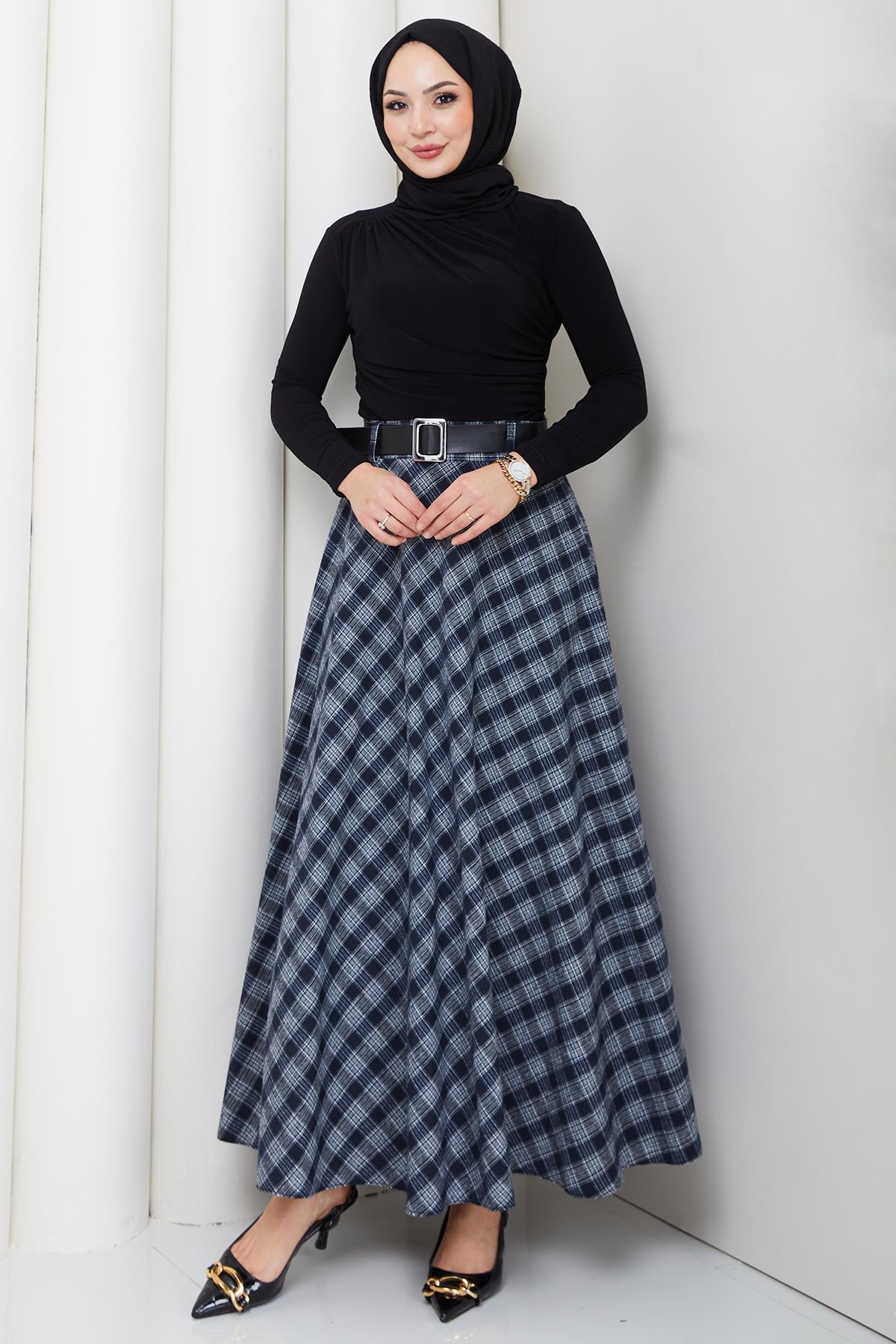 Kemerli Mevlana Model Ekose Etek Beyaz HM2874