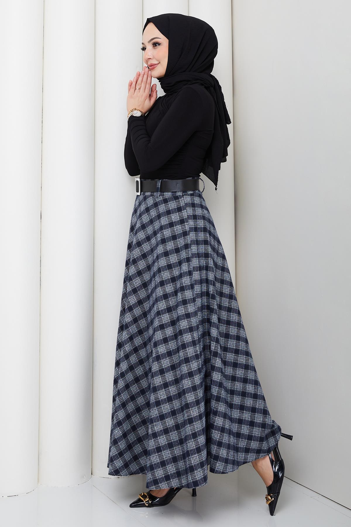 Kemerli Mevlana Model Ekose Etek Beyaz HM2874