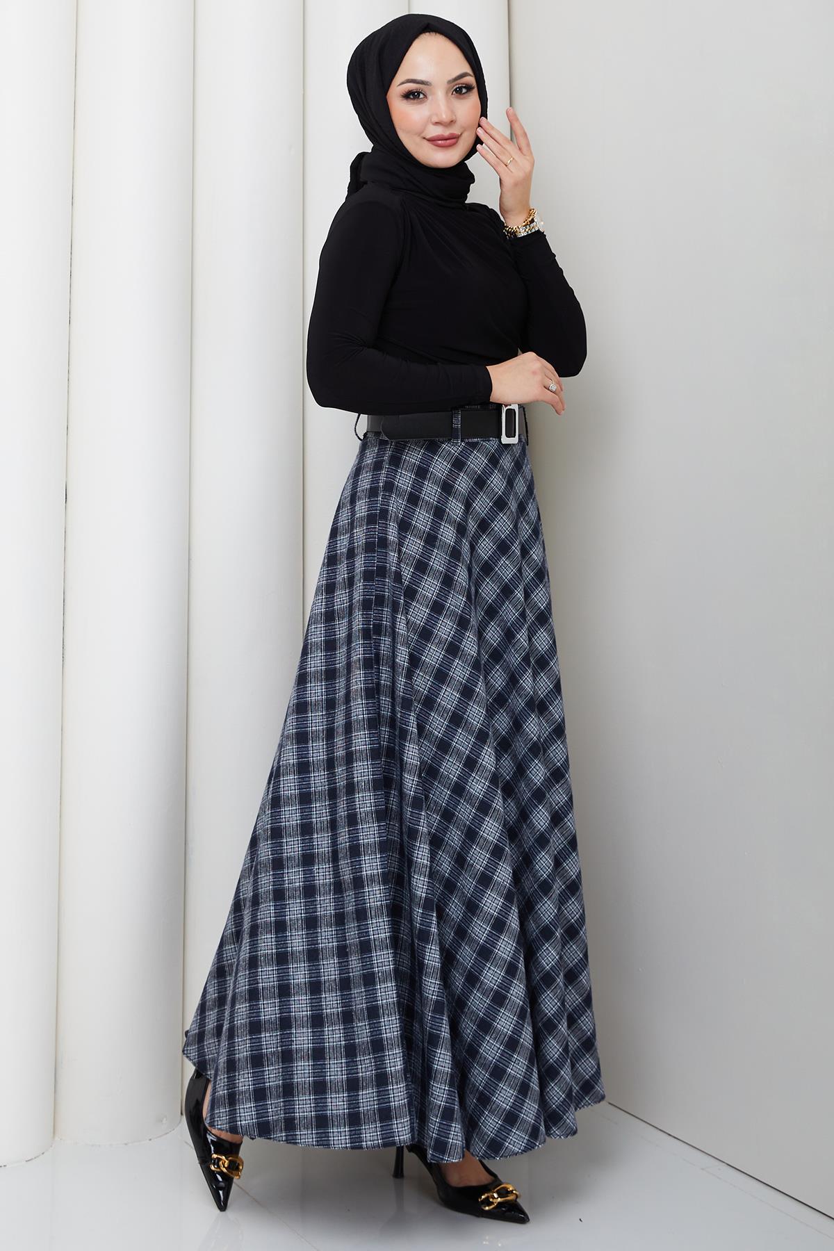 Kemerli Mevlana Model Ekose Etek Beyaz HM2874
