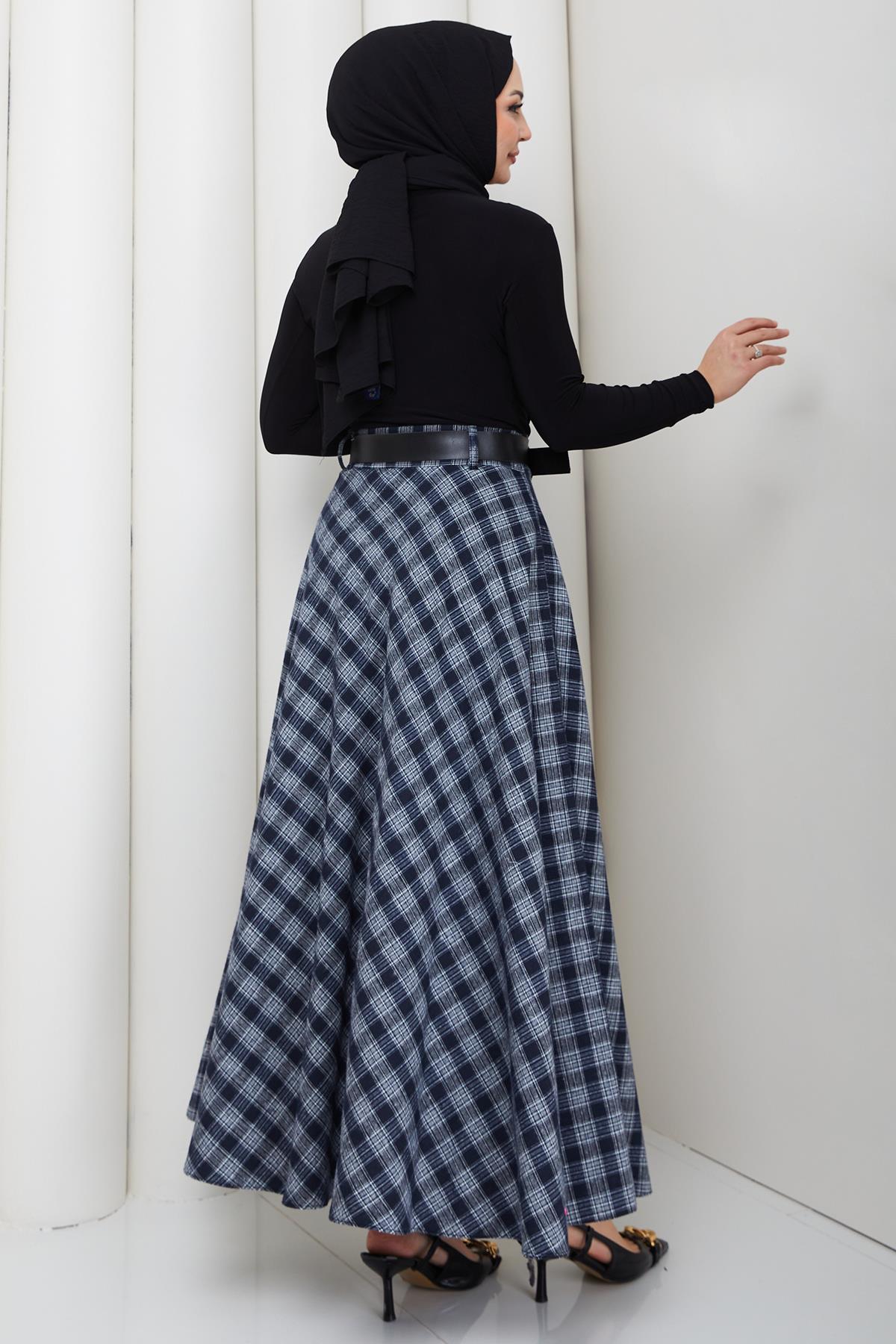 Kemerli Mevlana Model Ekose Etek Beyaz HM2874