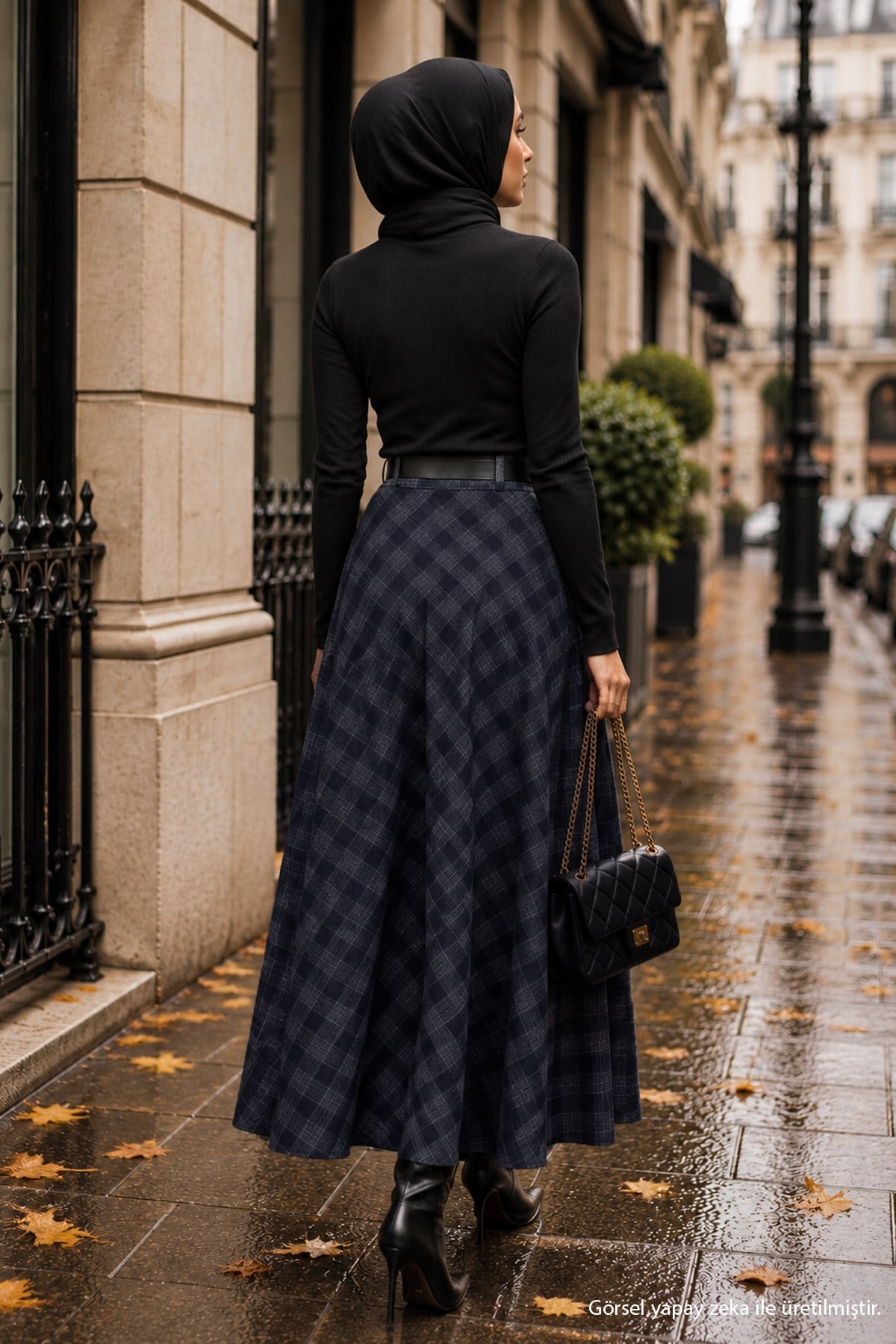 Kemerli Mevlana Model Ekose Etek Füme HM2874