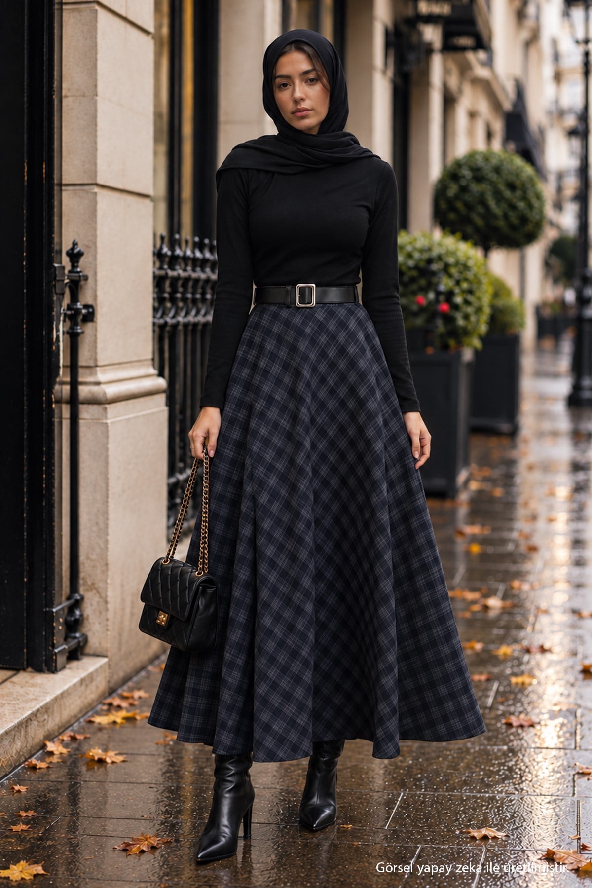 Kemerli Mevlana Model Ekose Etek Füme HM2874