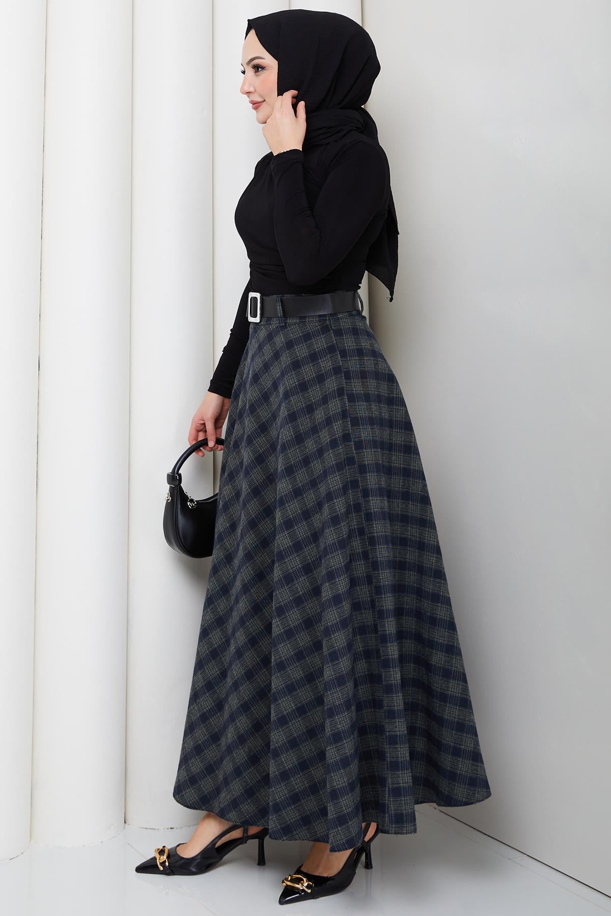 Kemerli Mevlana Model Ekose Etek Yeşil HM2874