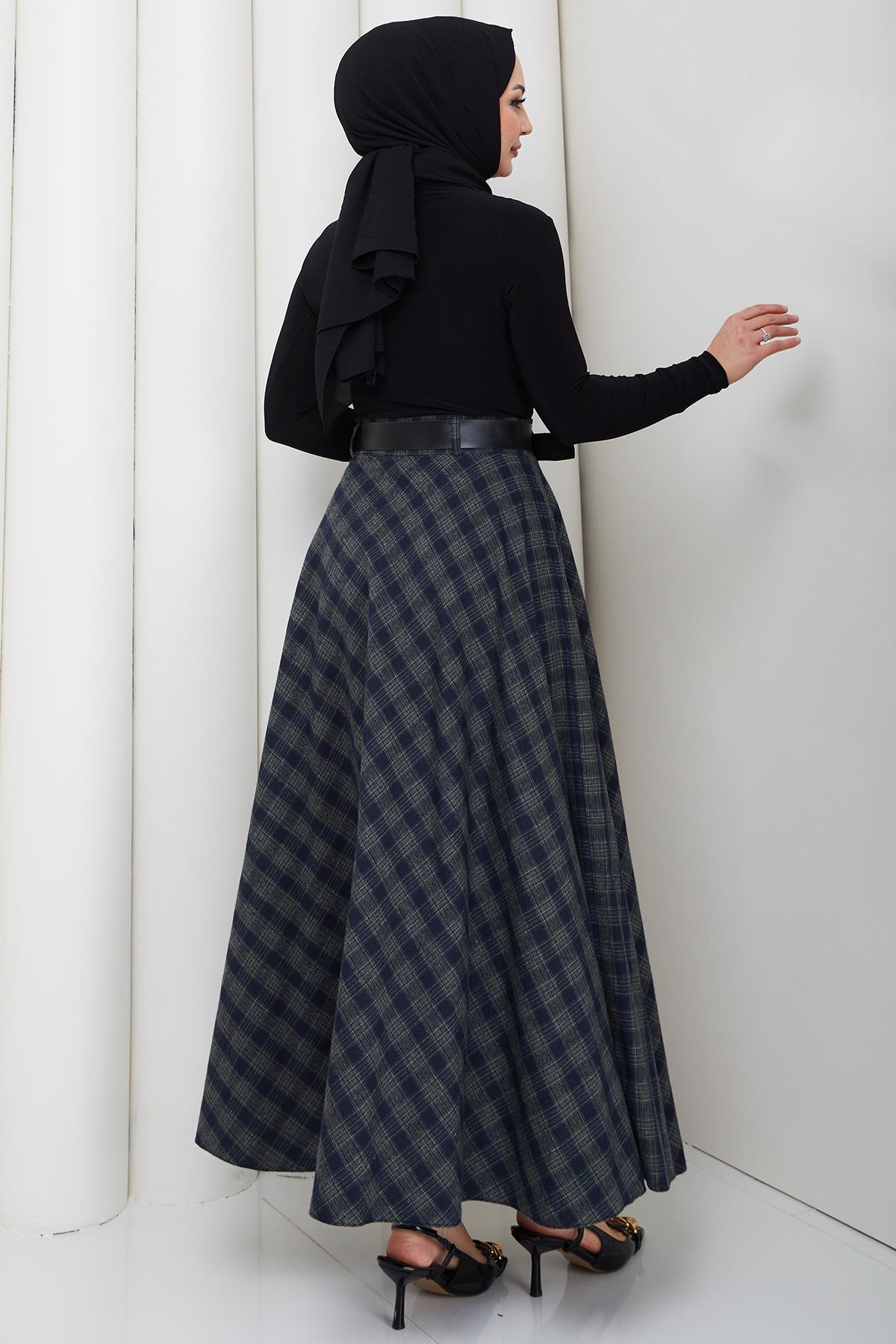 Kemerli Mevlana Model Ekose Etek Yeşil HM2874