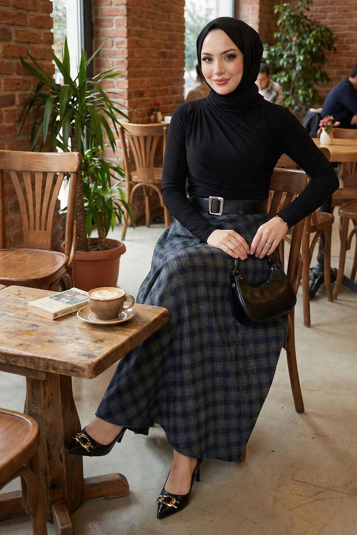 Kemerli Mevlana Model Ekose Etek Yeşil HM2874