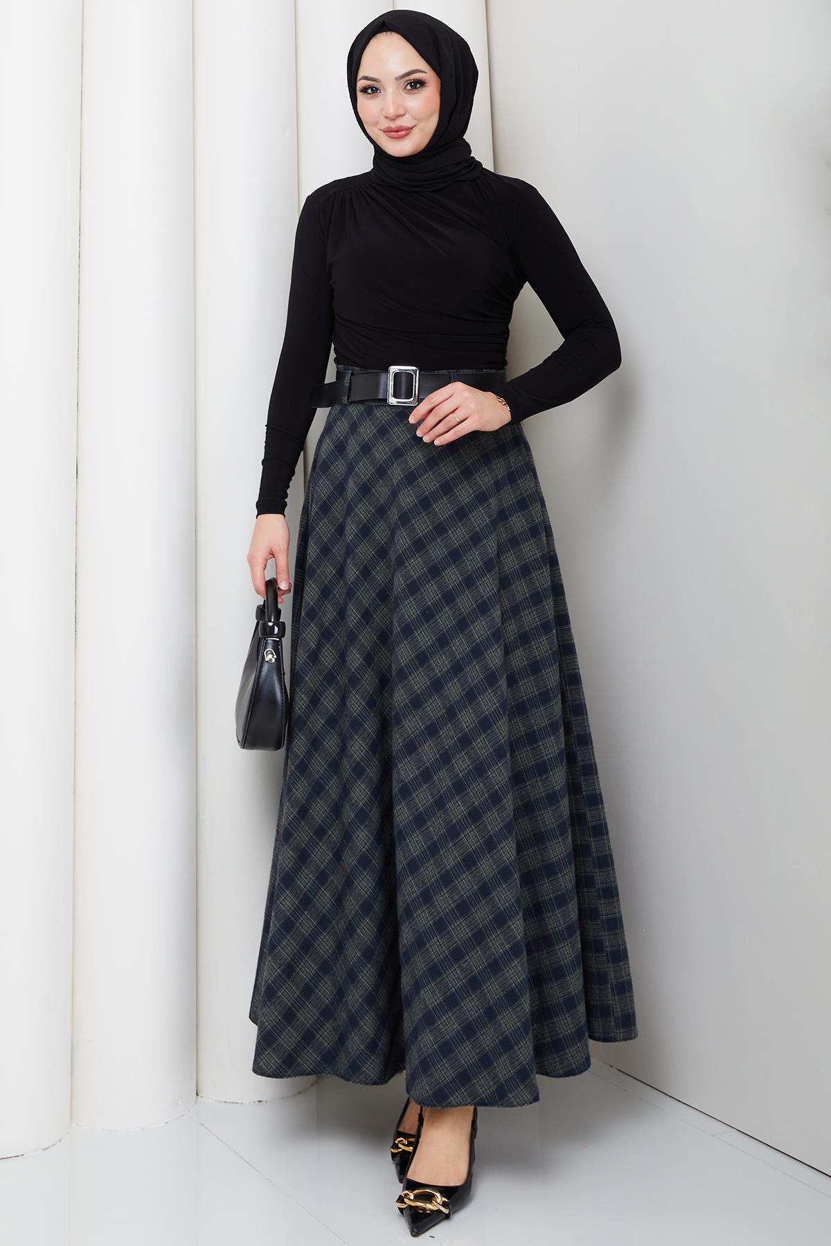 Kemerli Mevlana Model Ekose Etek Yeşil HM2874