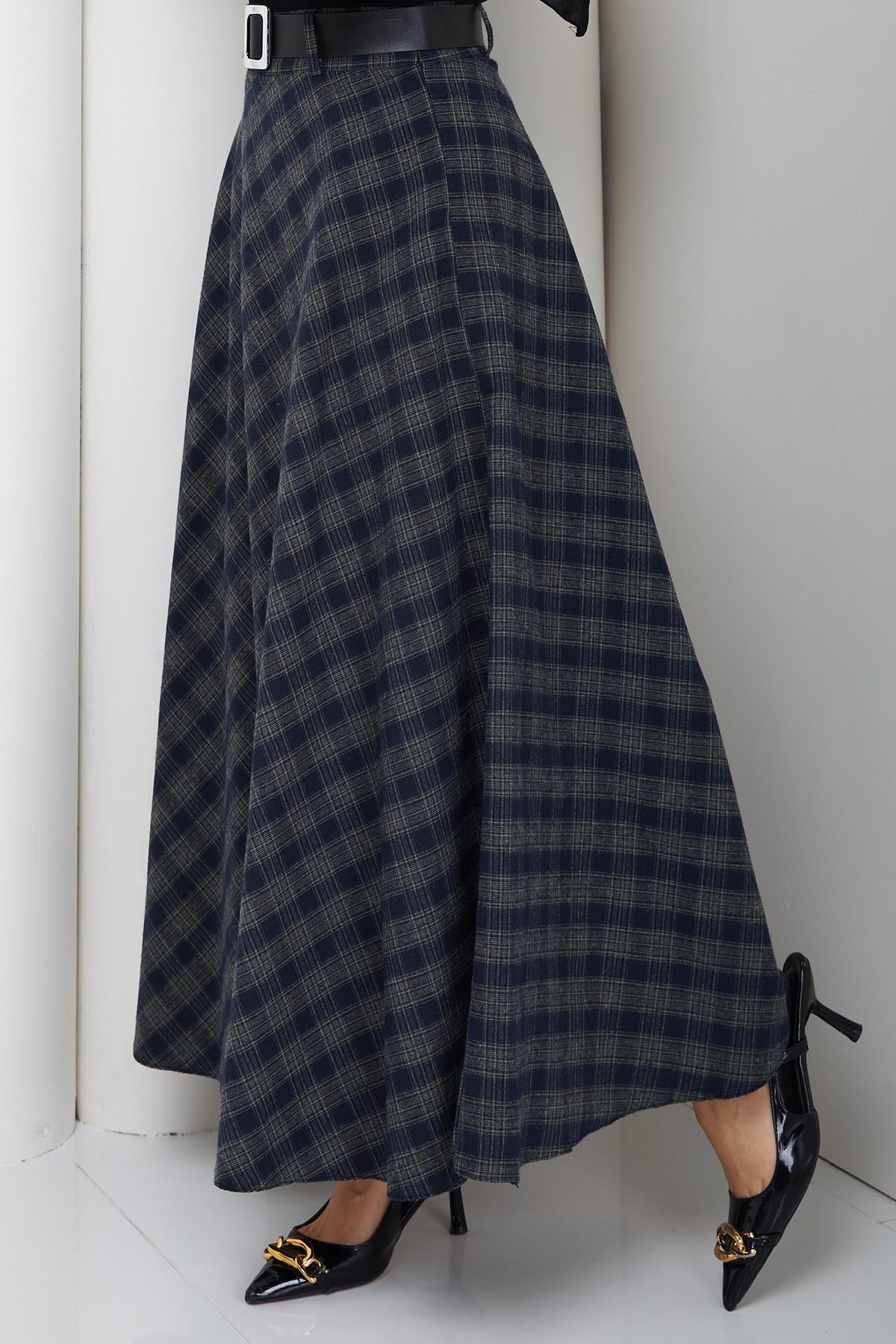 Kemerli Mevlana Model Ekose Etek Yeşil HM2874