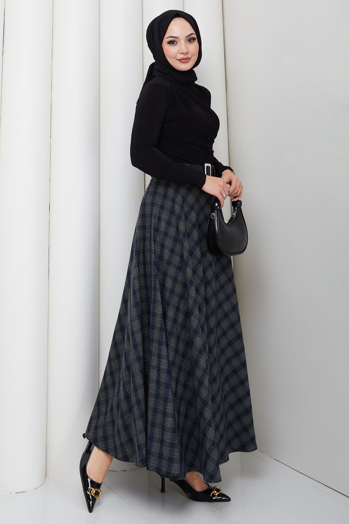 Kemerli Mevlana Model Ekose Etek Yeşil HM2874