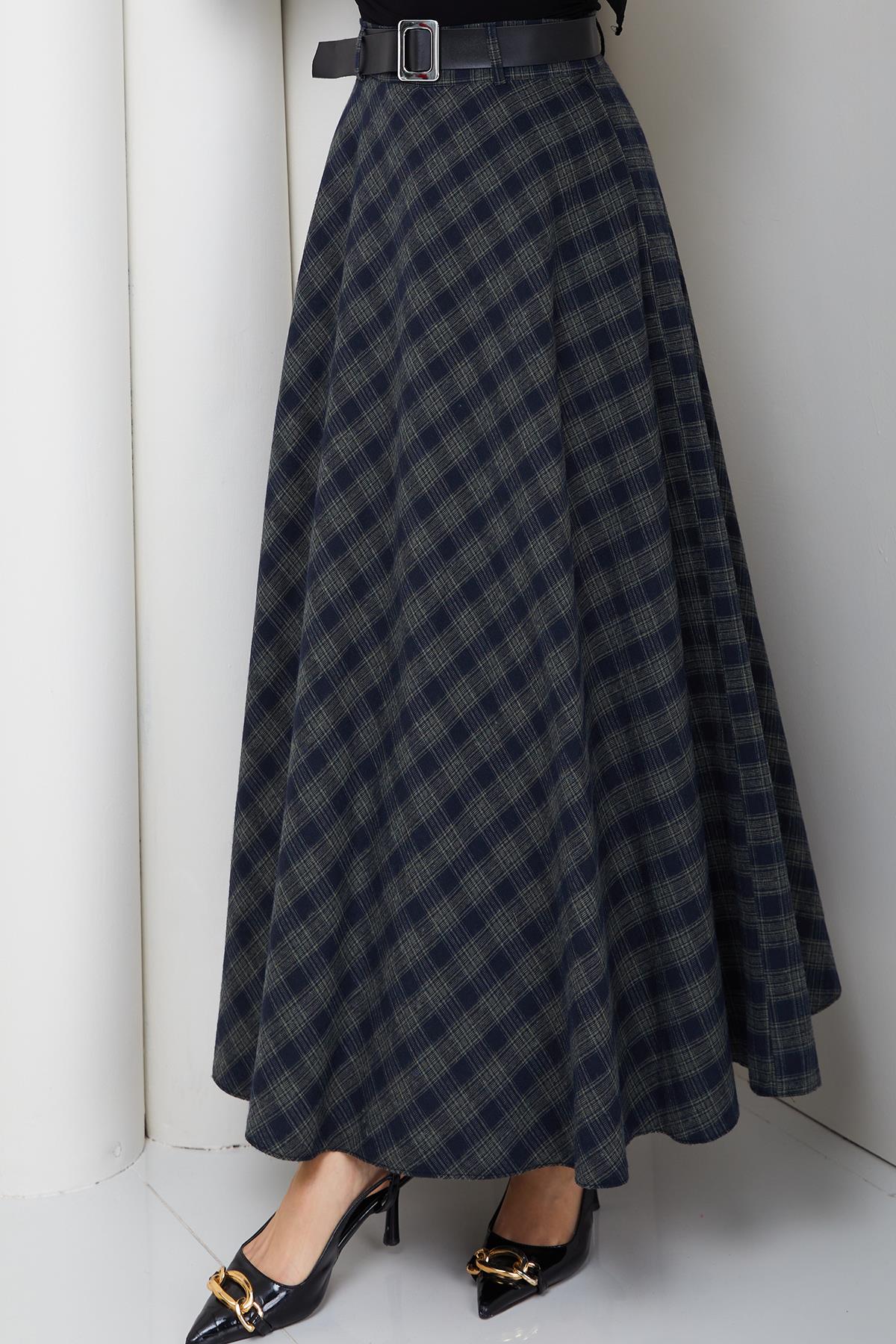 Kemerli Mevlana Model Ekose Etek Yeşil HM2874