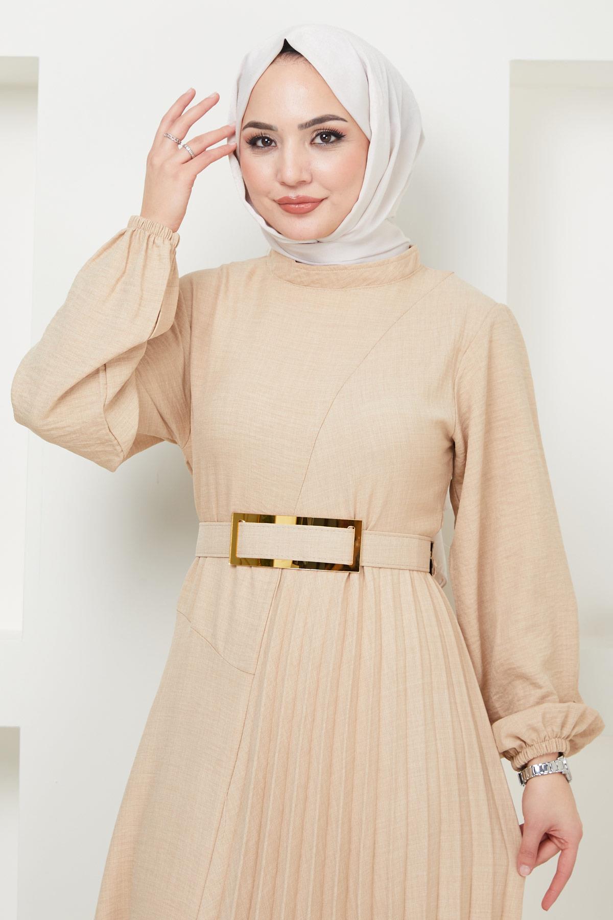 Kemerli Pilise Detaylı Elbise Bej HM2363