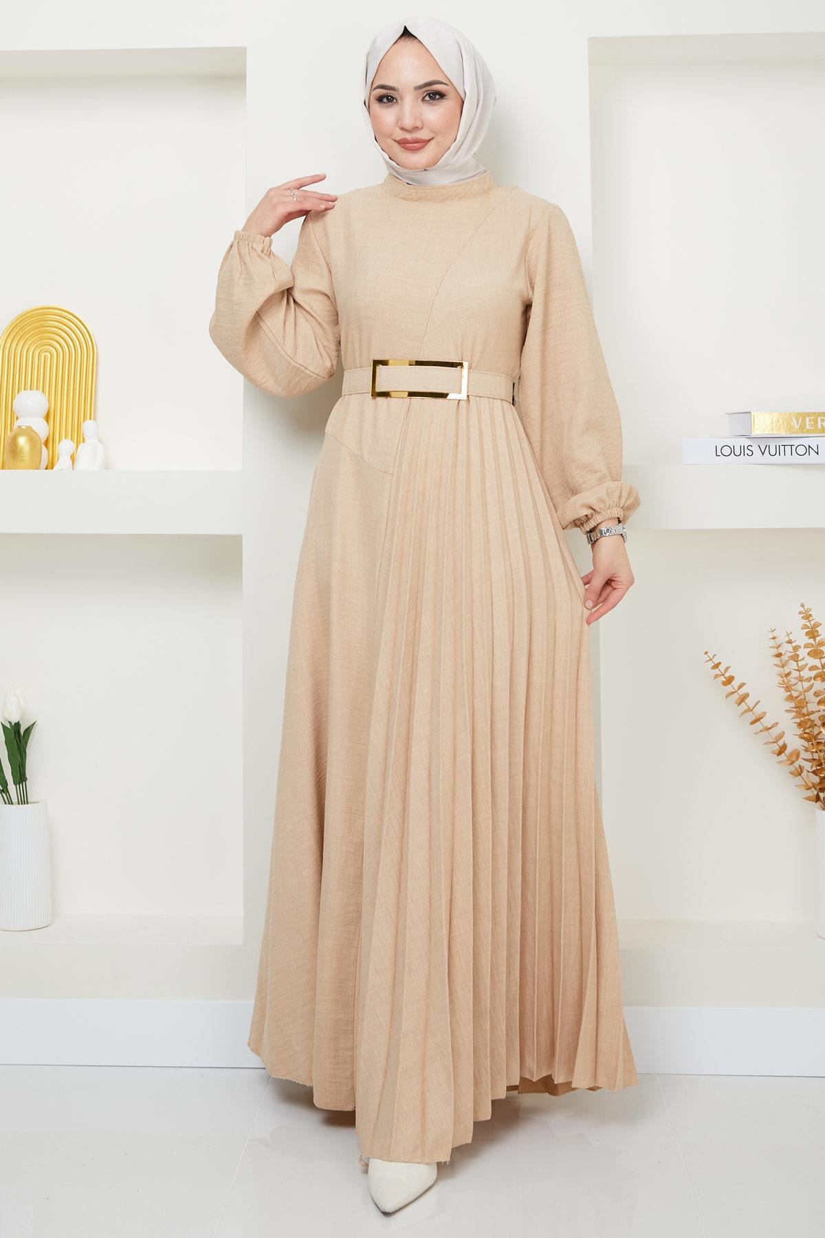 Kemerli Pilise Detaylı Elbise Bej HM2363