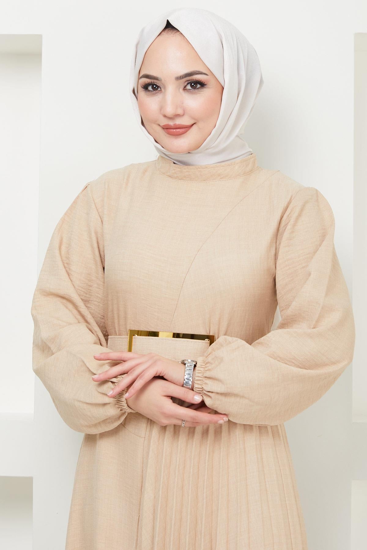 Kemerli Pilise Detaylı Elbise Bej HM2363