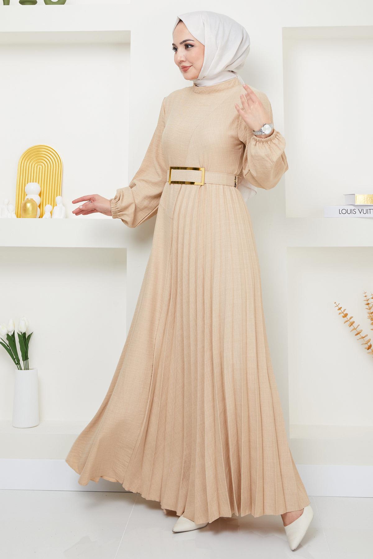 Kemerli Pilise Detaylı Elbise Bej HM2363
