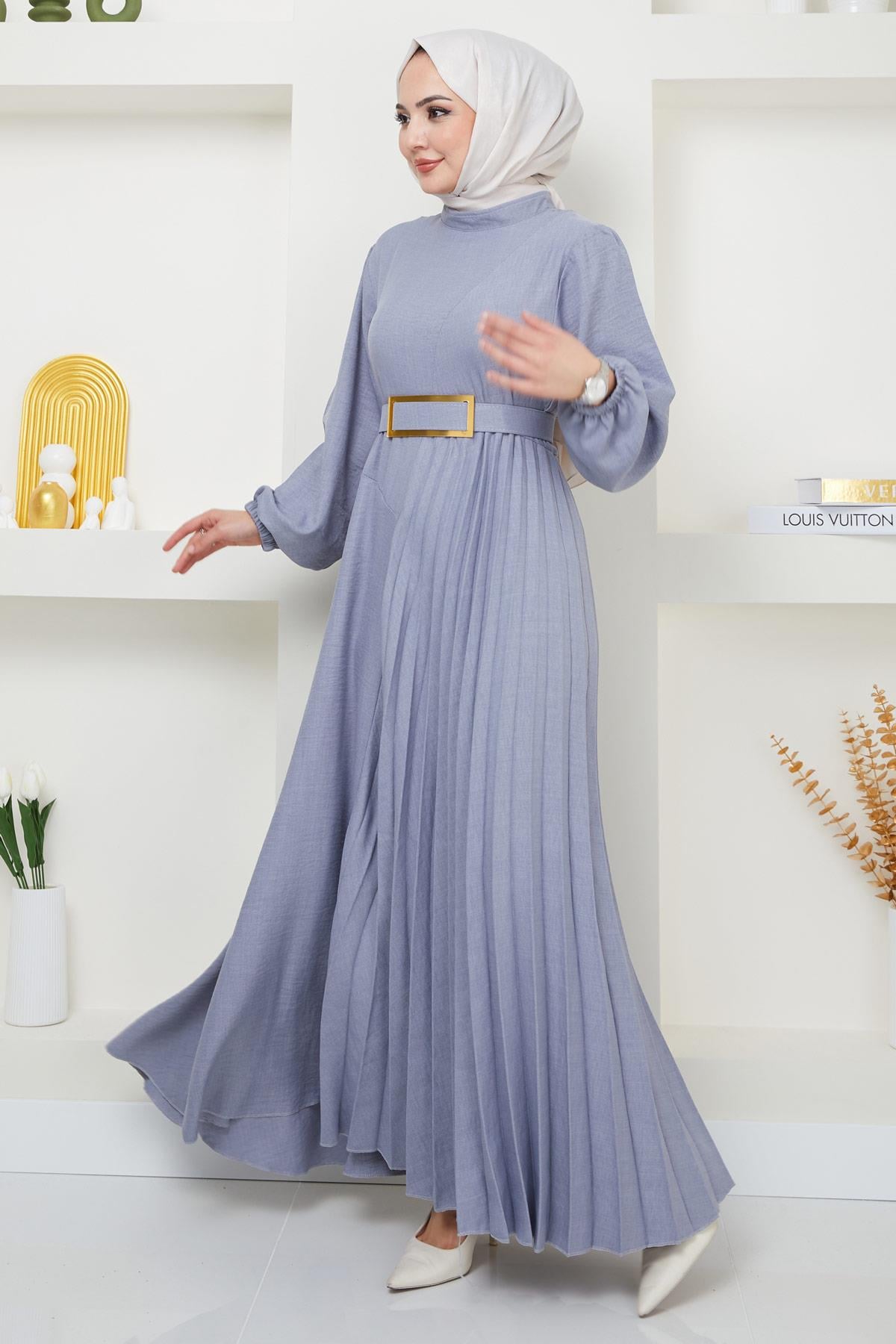 Kemerli Pilise Detaylı Elbise Gri HM2363