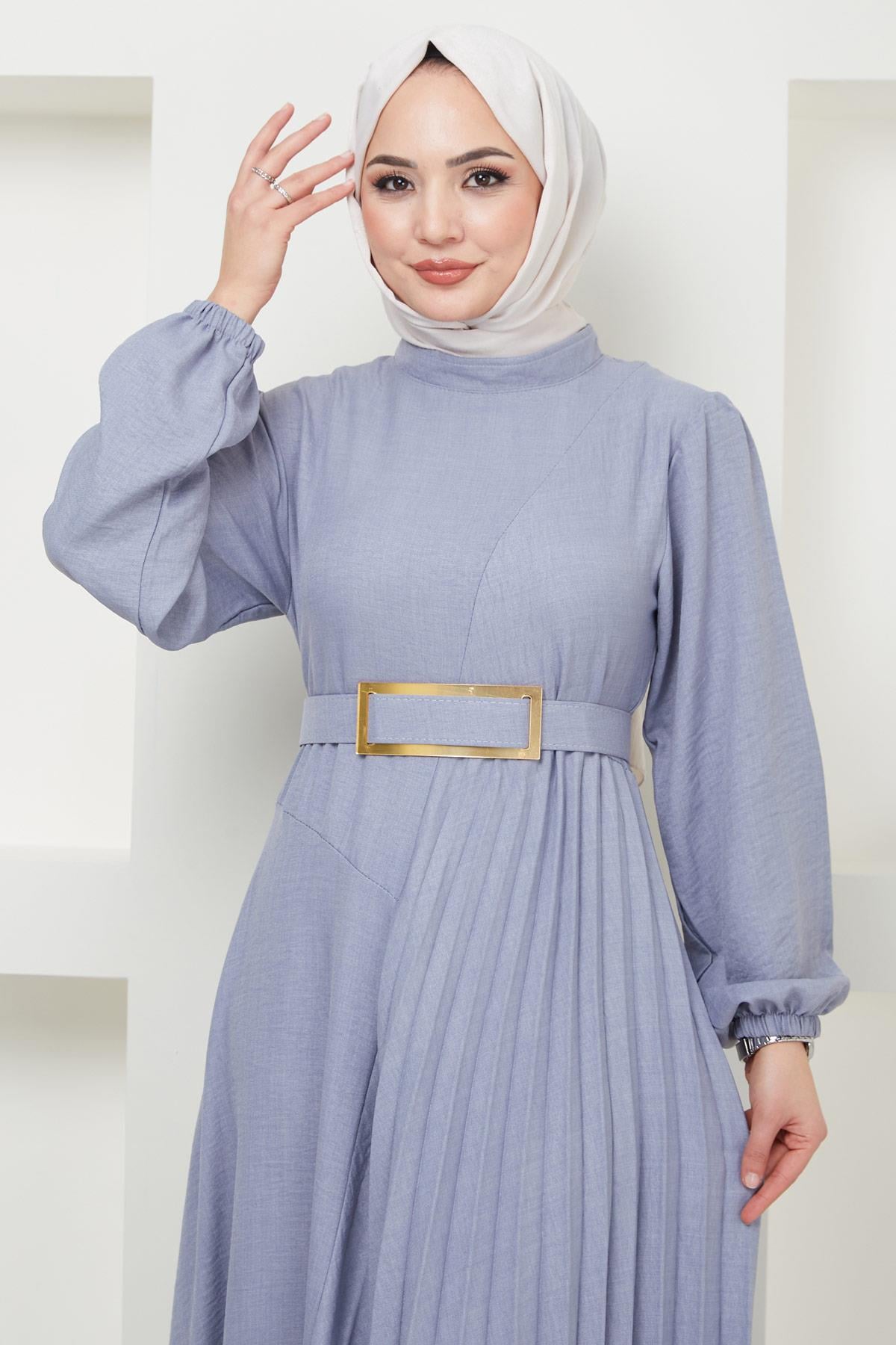 Kemerli Pilise Detaylı Elbise Gri HM2363