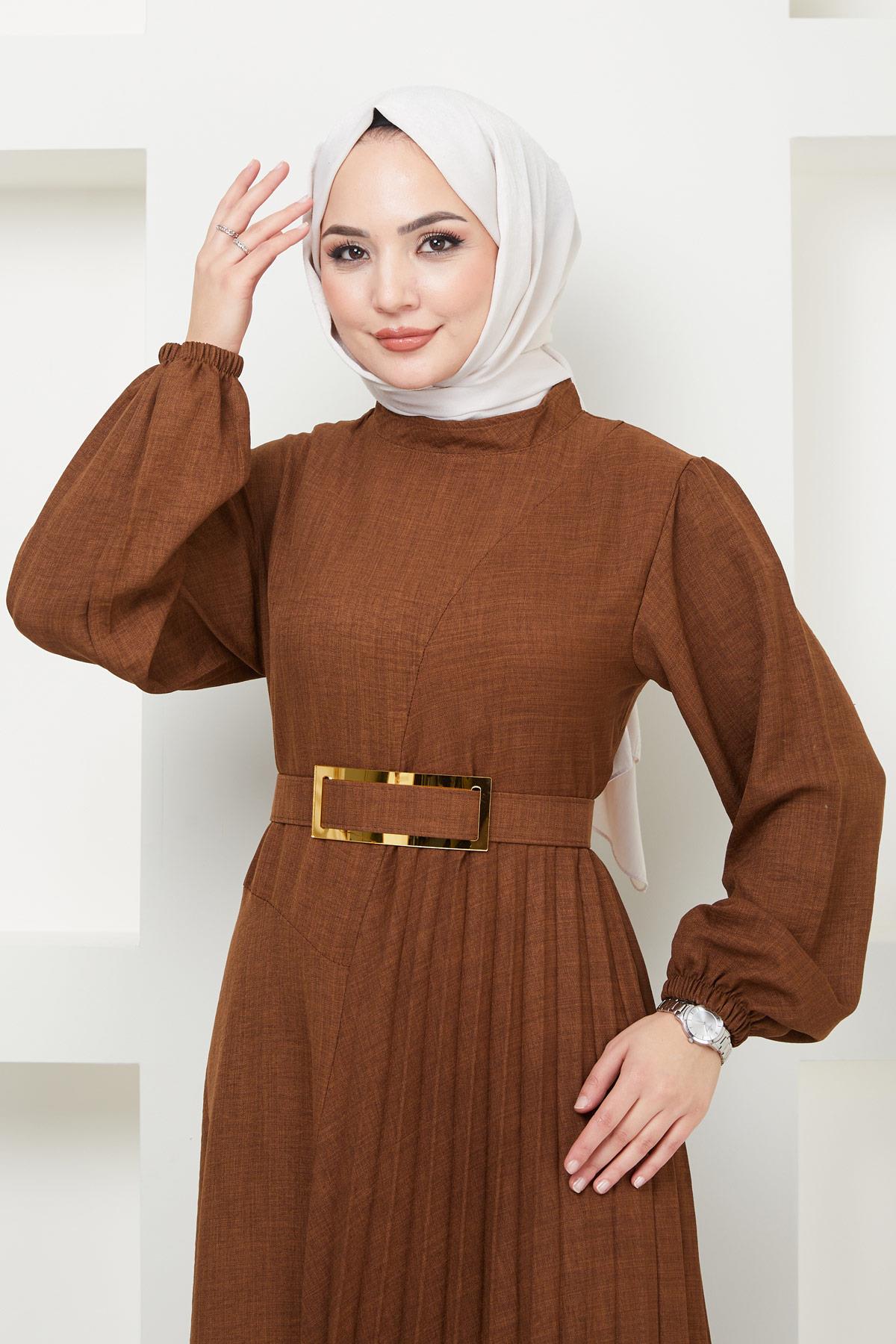Kemerli Pilise Detaylı Elbise Kahverengi HM2363