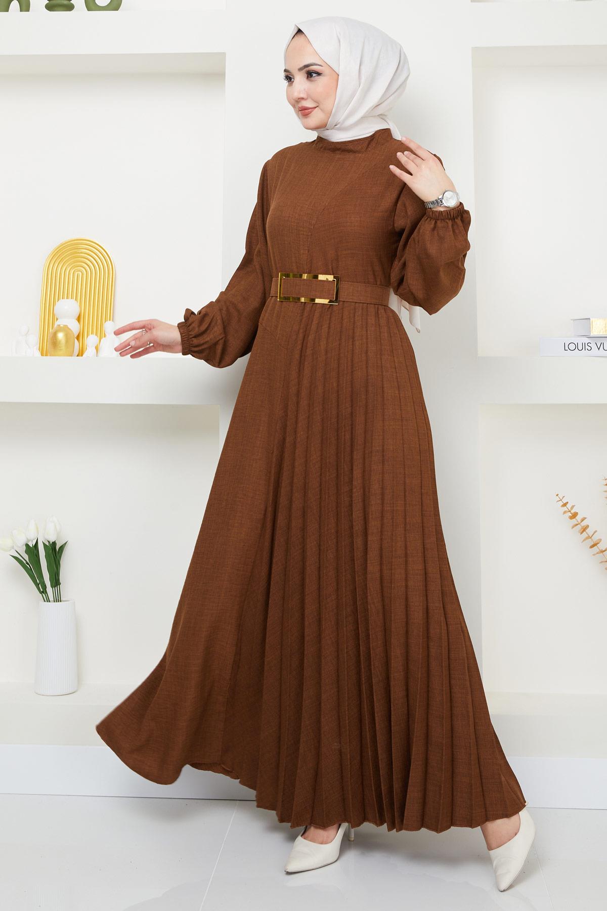 Kemerli Pilise Detaylı Elbise Kahverengi HM2363