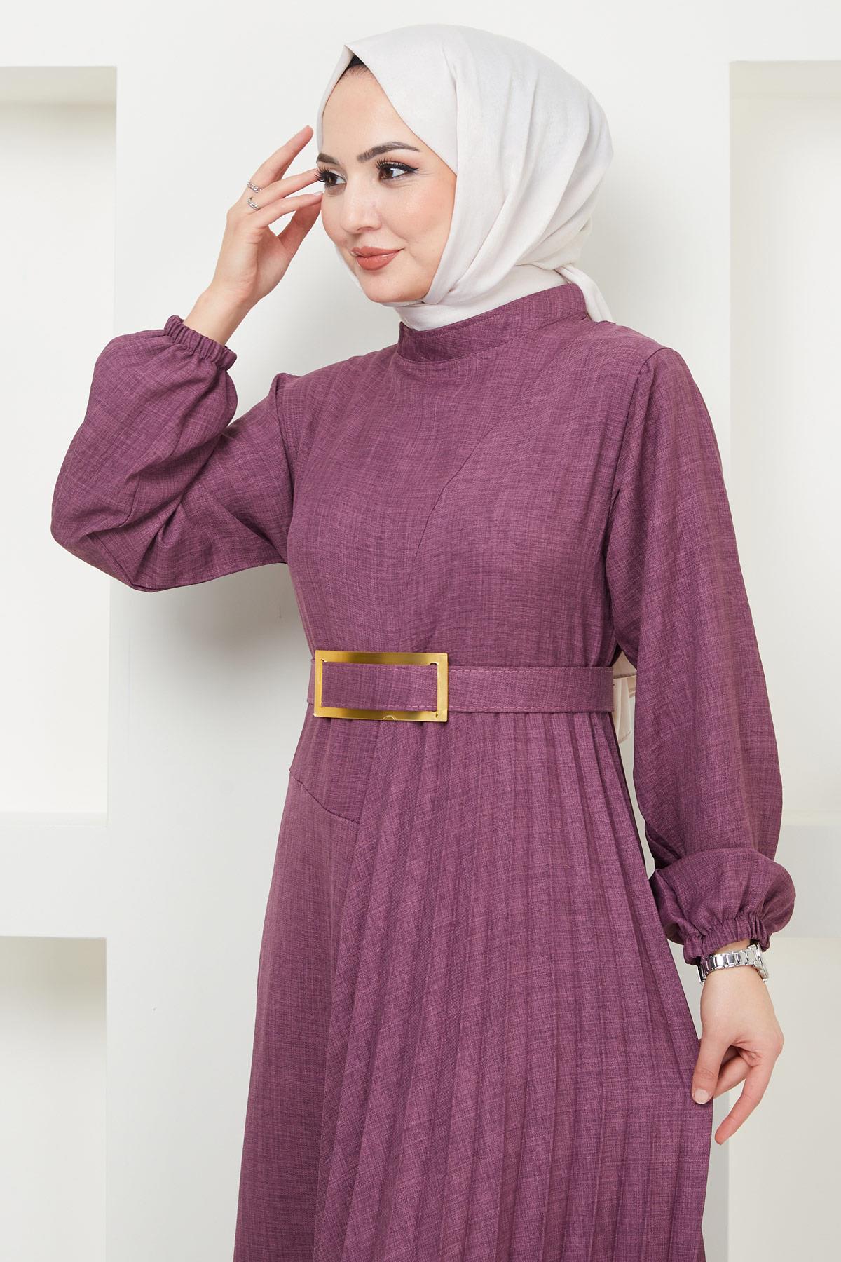 Kemerli Pilise Detaylı Elbise Mürdüm HM2363