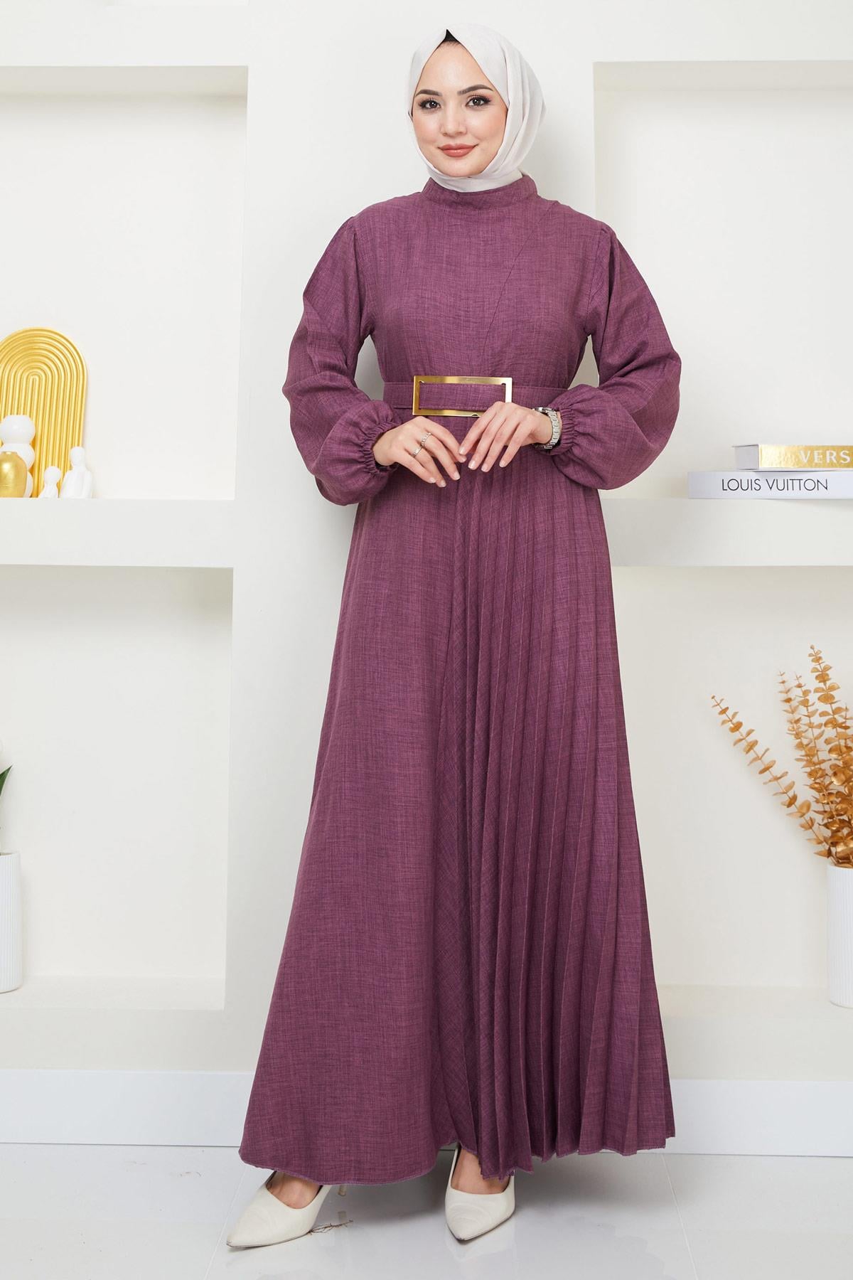 Kemerli Pilise Detaylı Elbise Mürdüm HM2363
