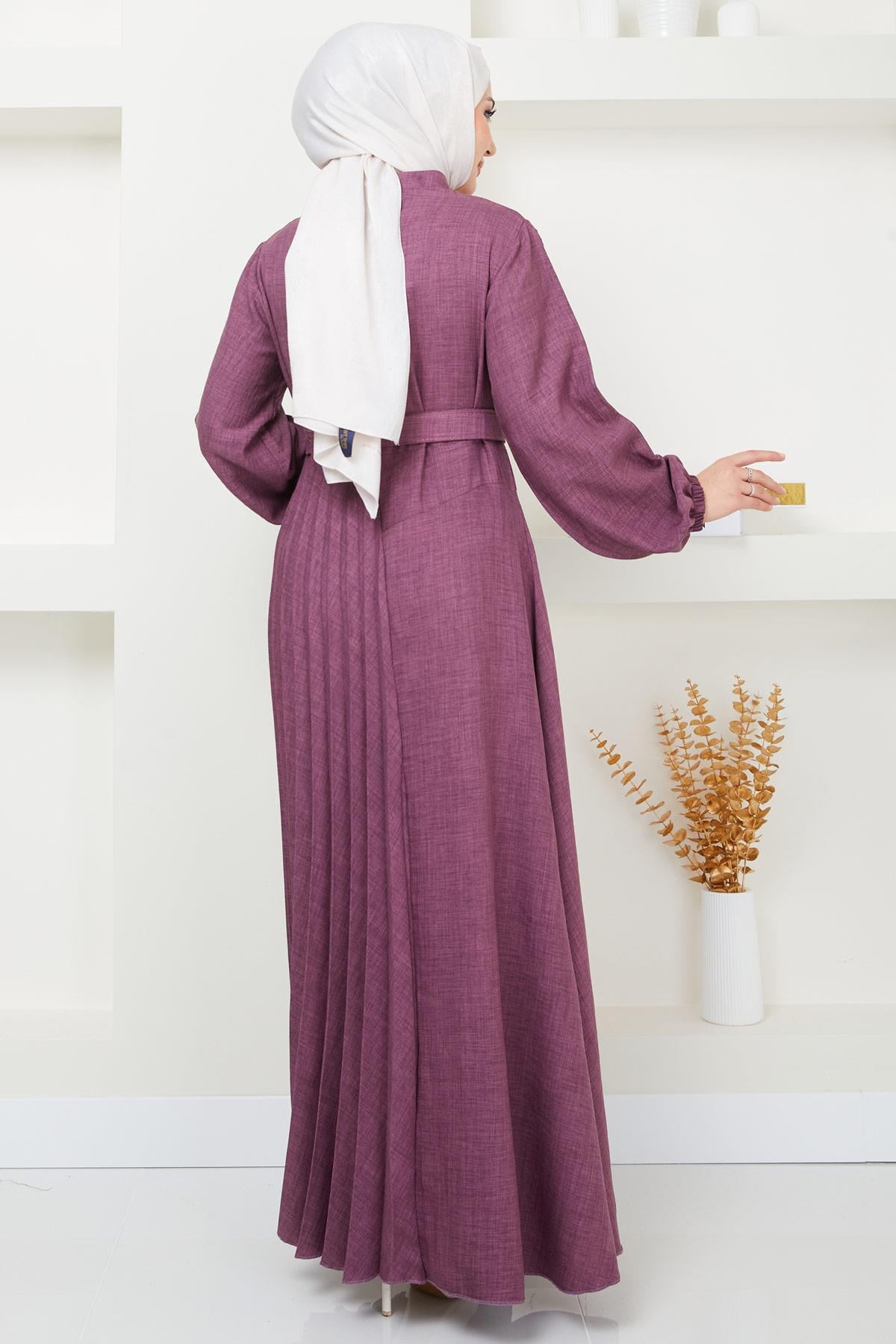 Kemerli Pilise Detaylı Elbise Mürdüm HM2363