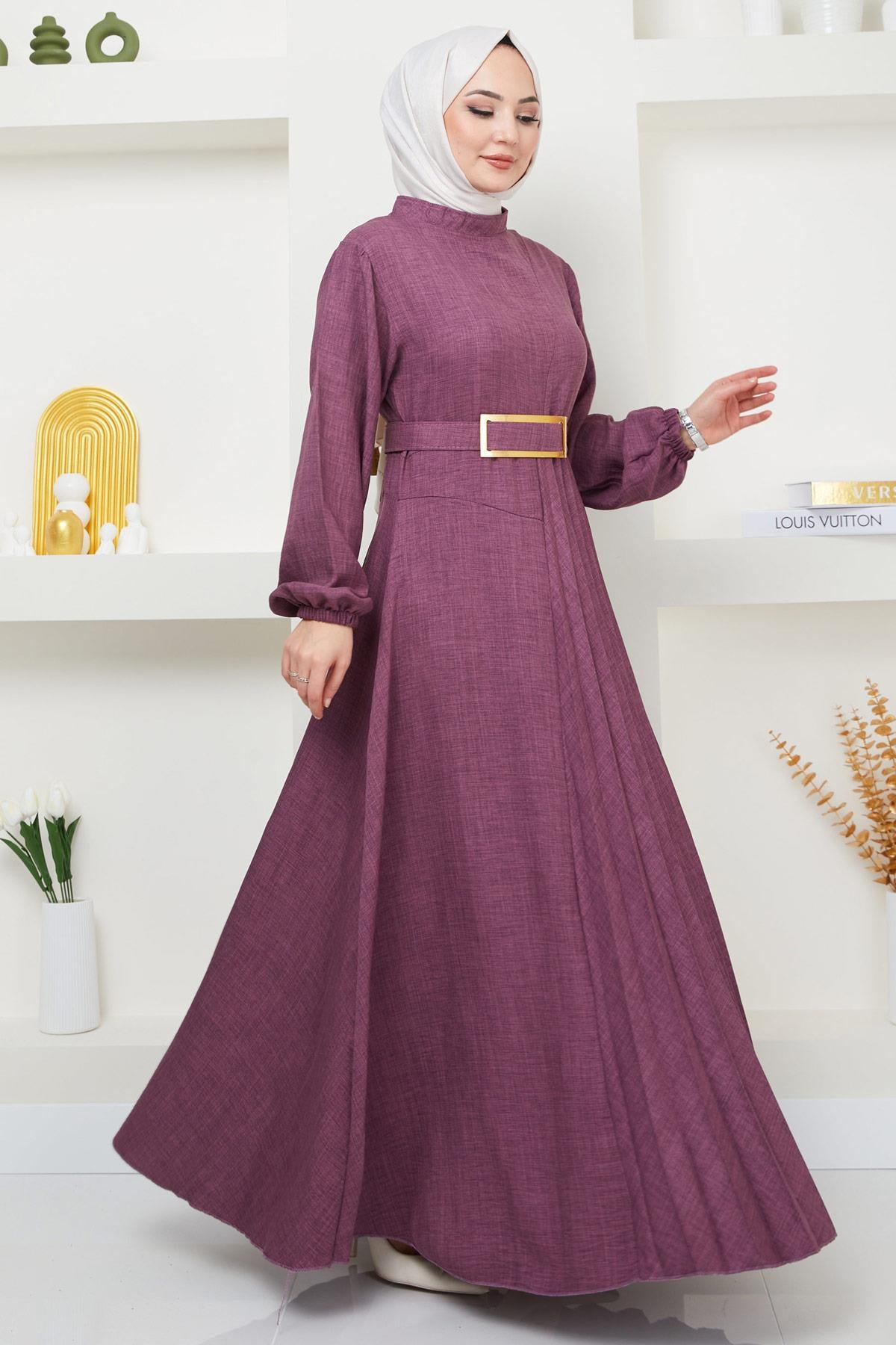 Kemerli Pilise Detaylı Elbise Mürdüm HM2363