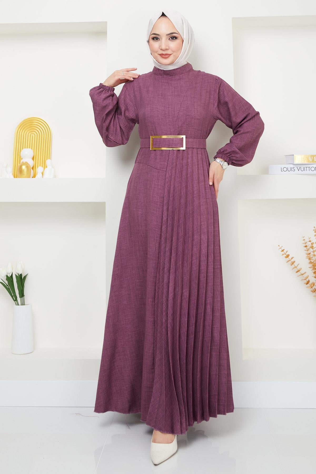 Kemerli Pilise Detaylı Elbise Mürdüm HM2363