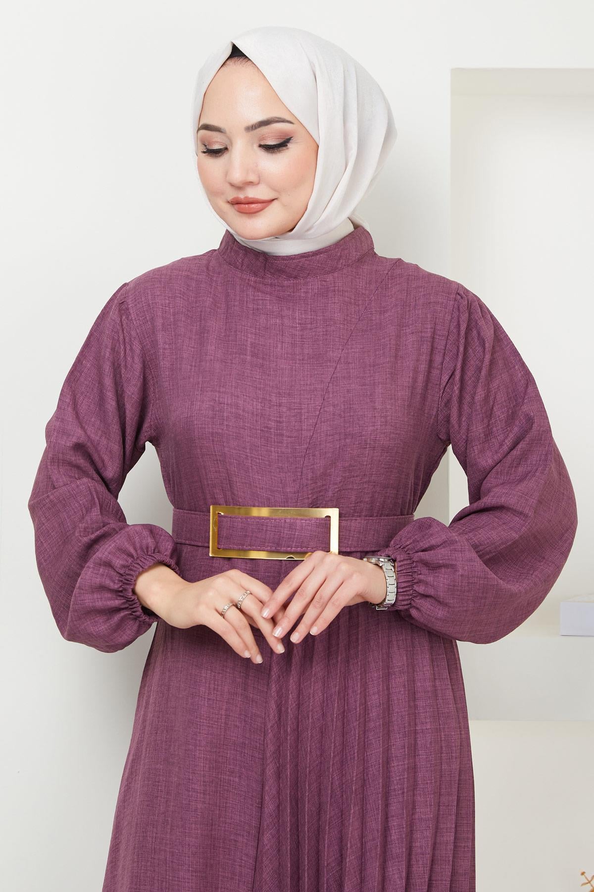 Kemerli Pilise Detaylı Elbise Mürdüm HM2363