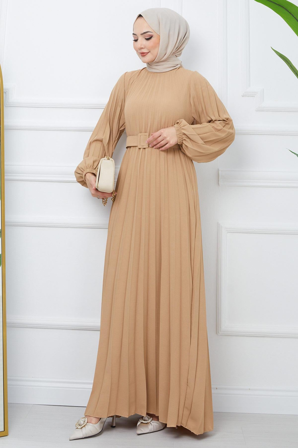 Kemerli Piliseli Aerobin Elbise Camel HM2339