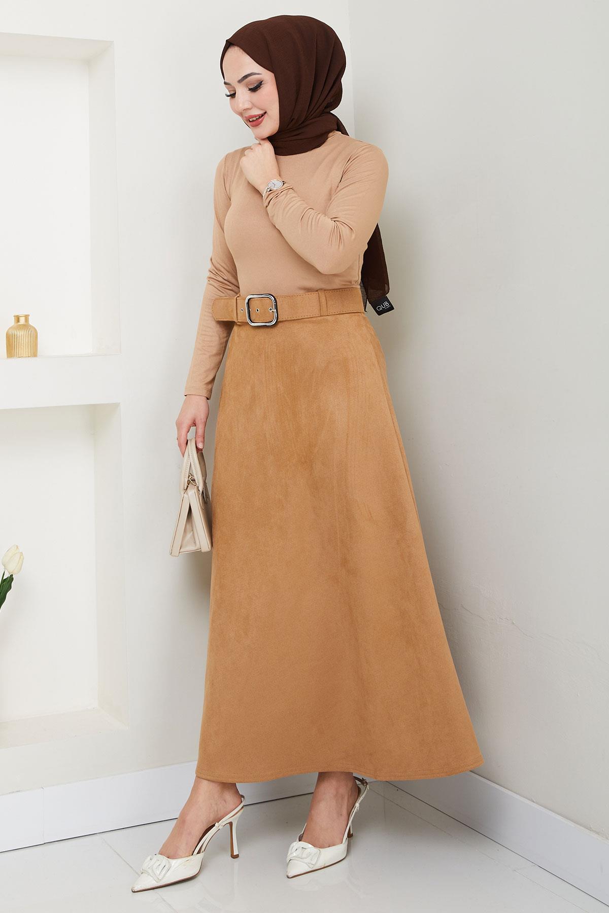 Kemerli Süet Mevlana Etek Camel HM2607