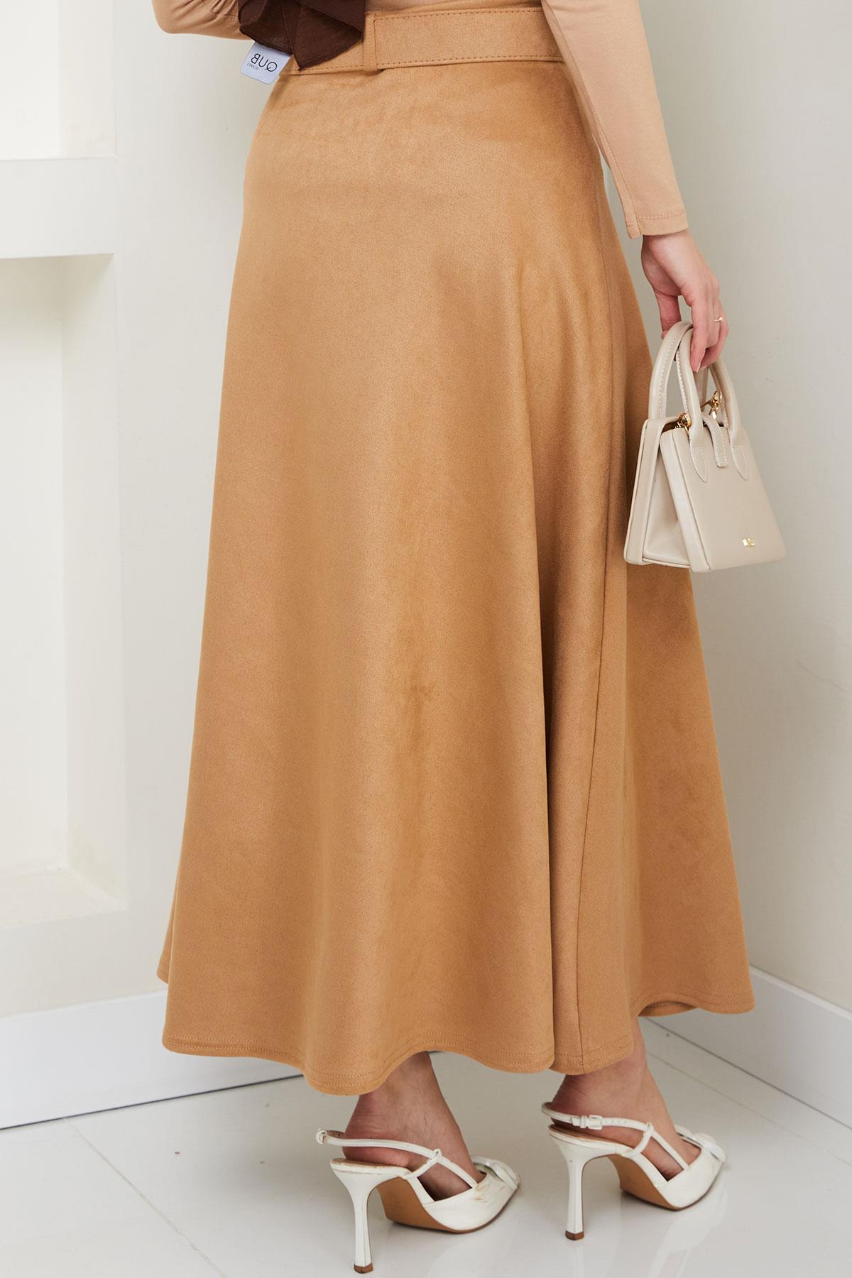 Kemerli Süet Mevlana Etek Camel HM2607