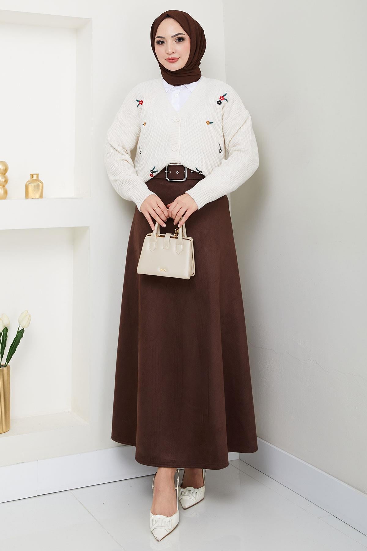 Kemerli Süet Mevlana Etek Kahverengi HM2607