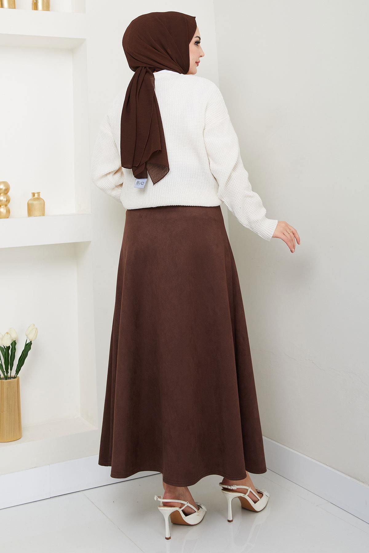 Kemerli Süet Mevlana Etek Kahverengi HM2607