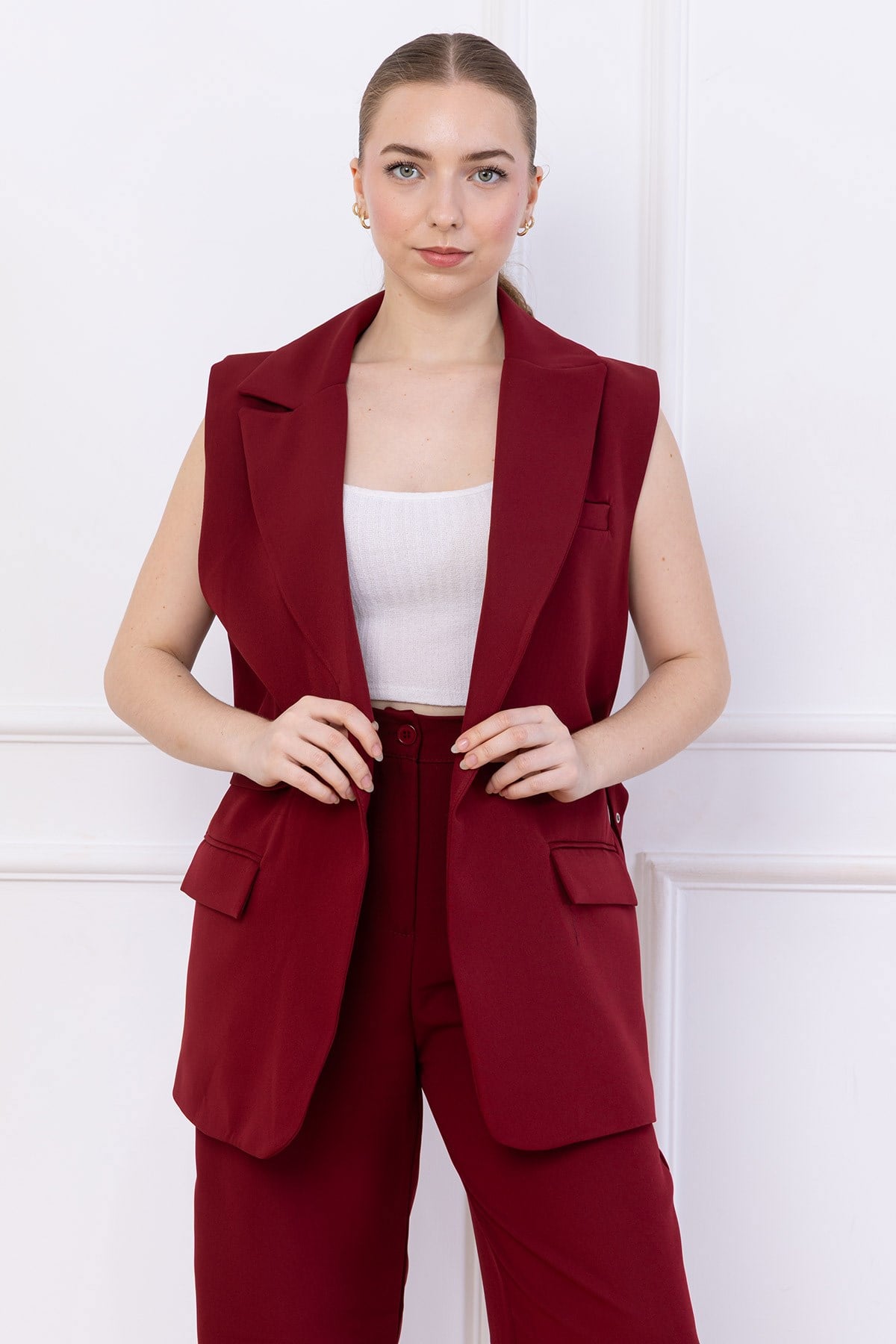 Kemerli Yelekli Takım Bordo HM2749