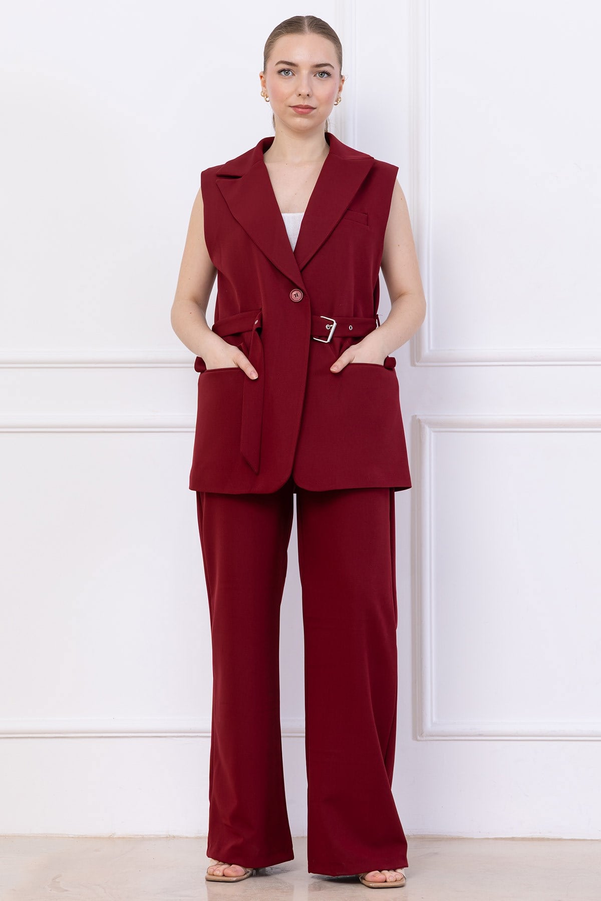 Kemerli Yelekli Takım Bordo HM2749