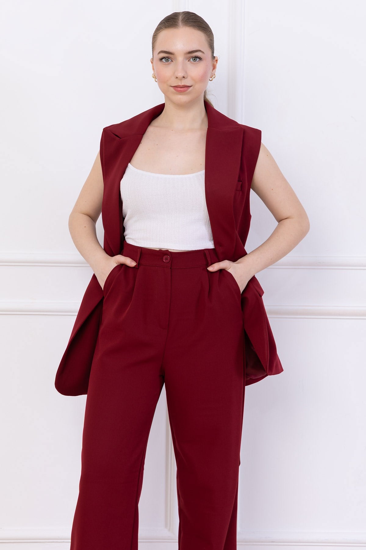 Kemerli Yelekli Takım Bordo HM2749