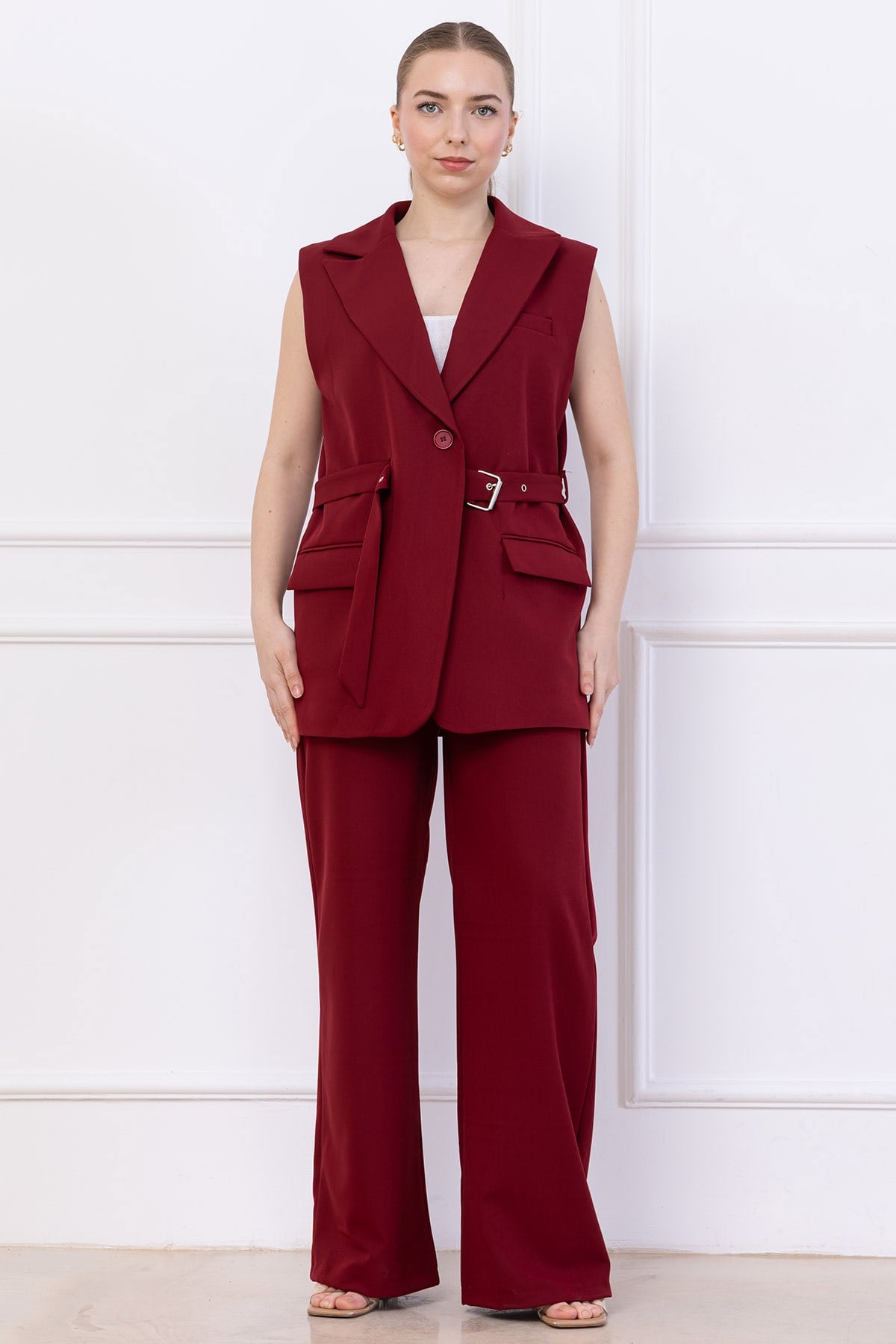 Kemerli Yelekli Takım Bordo HM2749