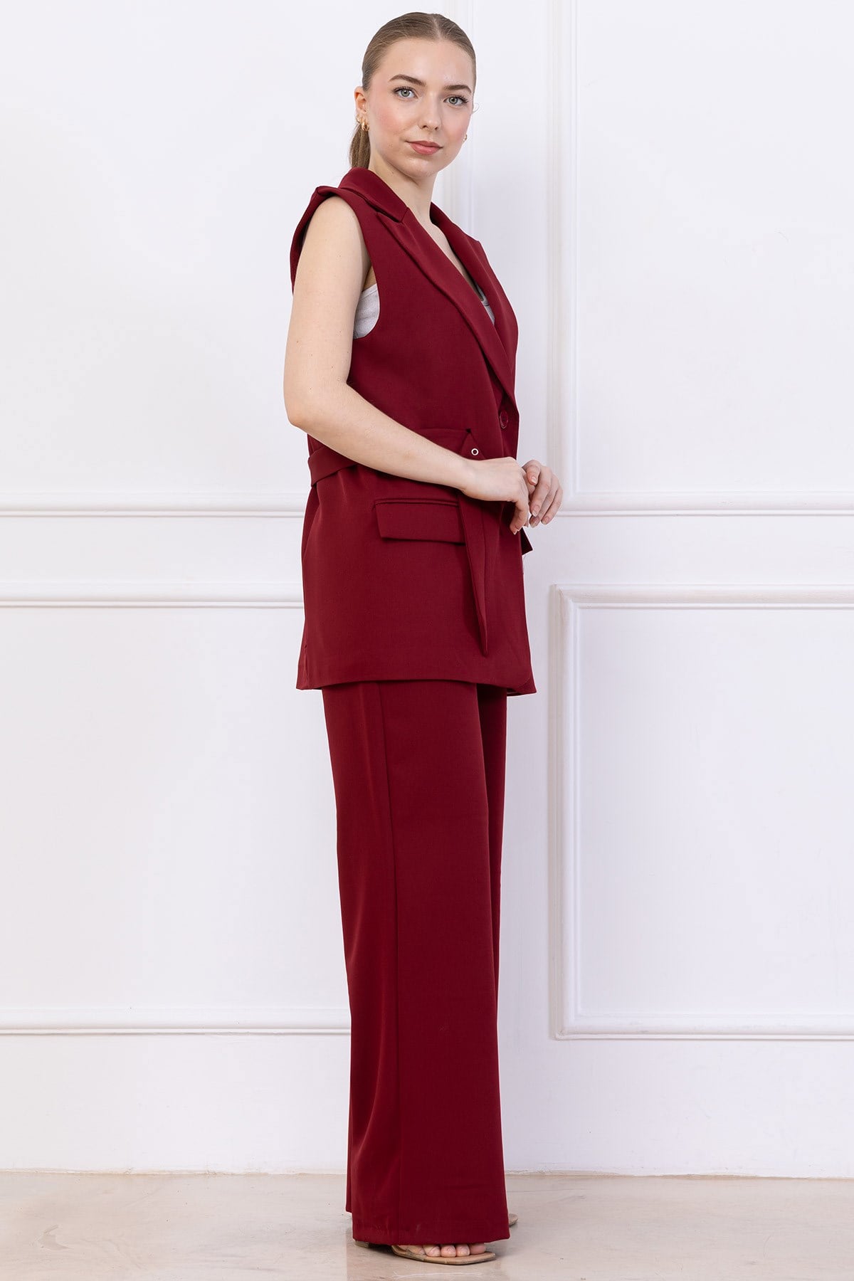 Kemerli Yelekli Takım Bordo HM2749