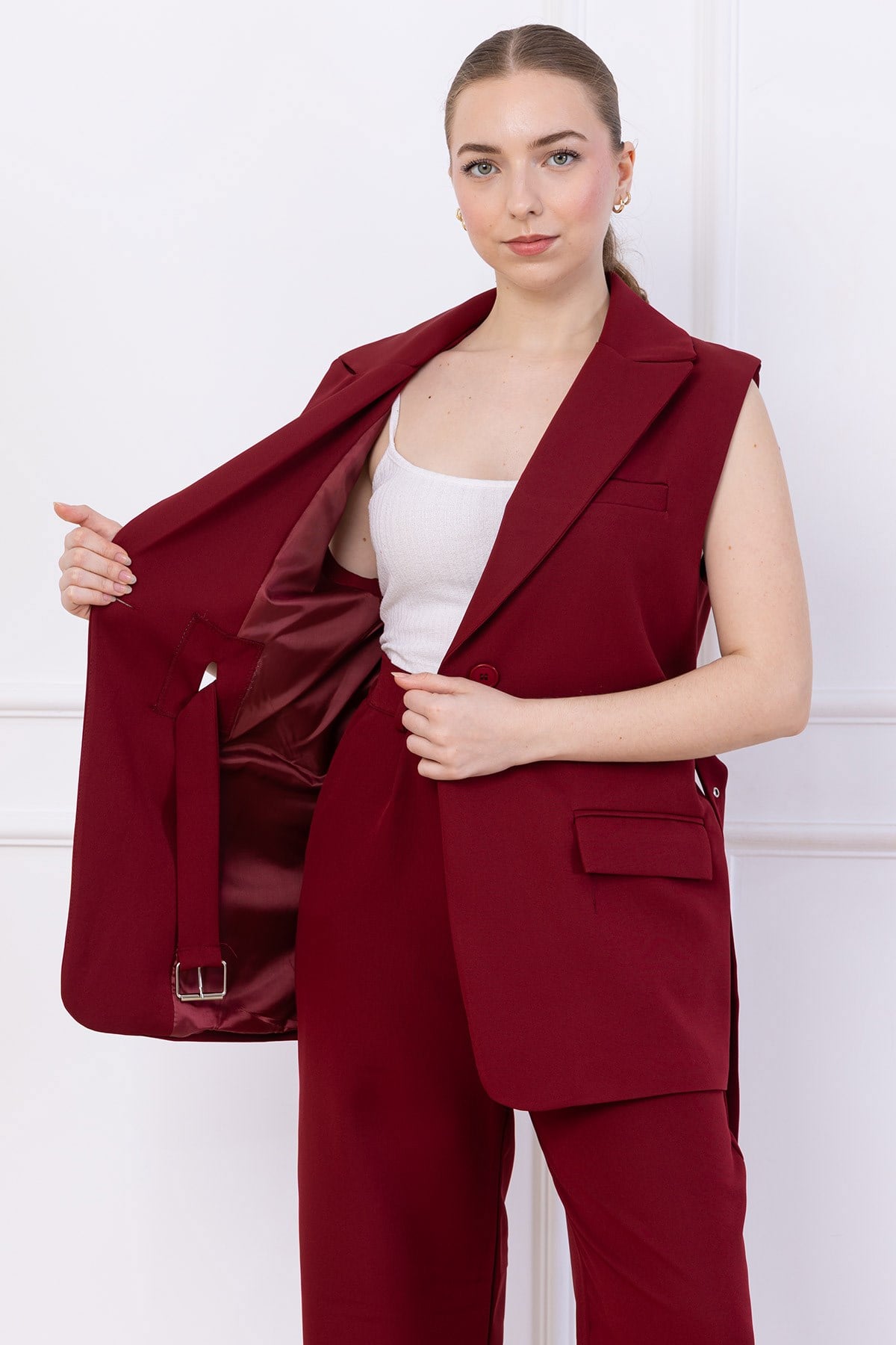 Kemerli Yelekli Takım Bordo HM2749