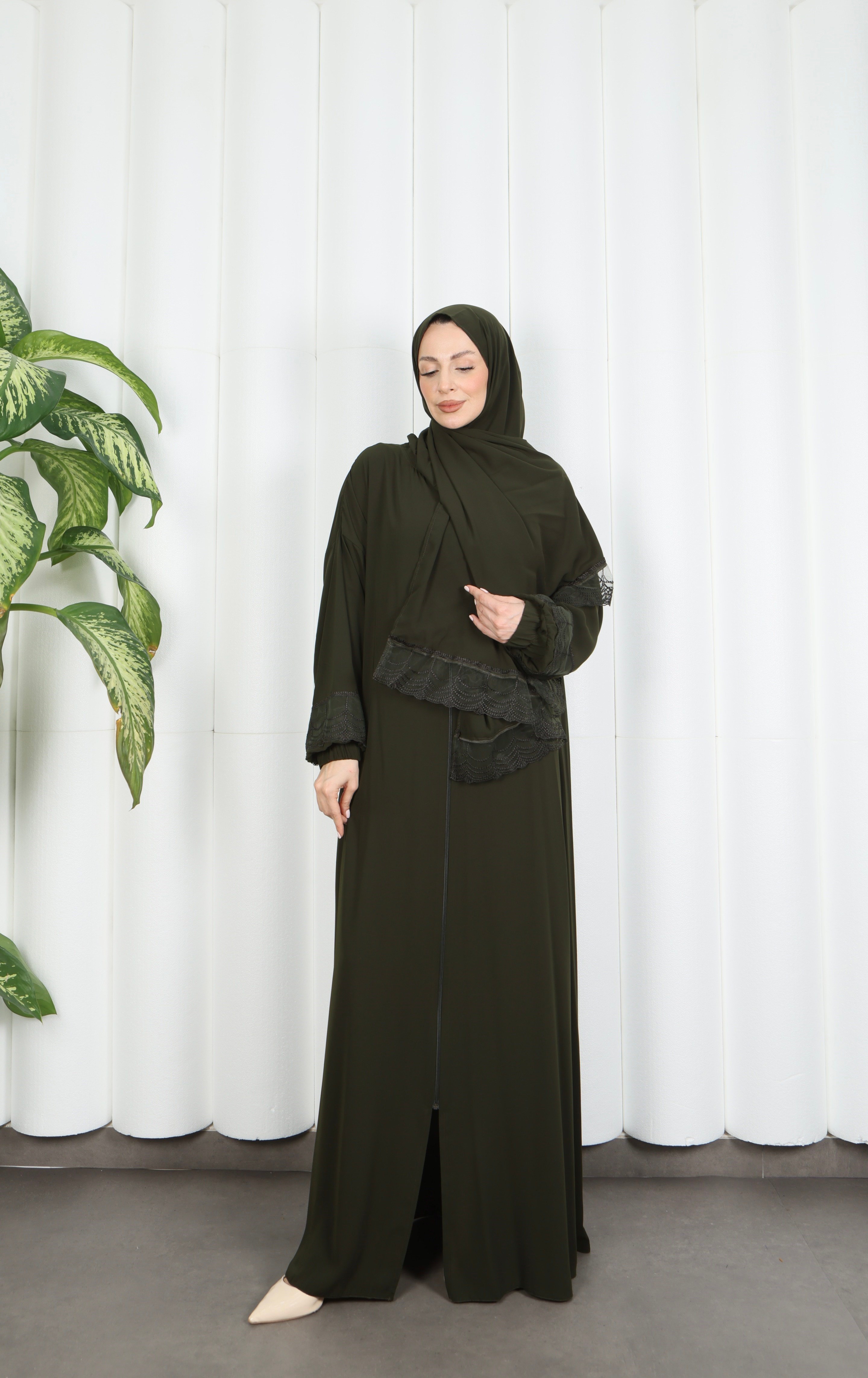 Kendinden  Şallı Fermuarlı  Namaz Elbise  Haki HNT7068