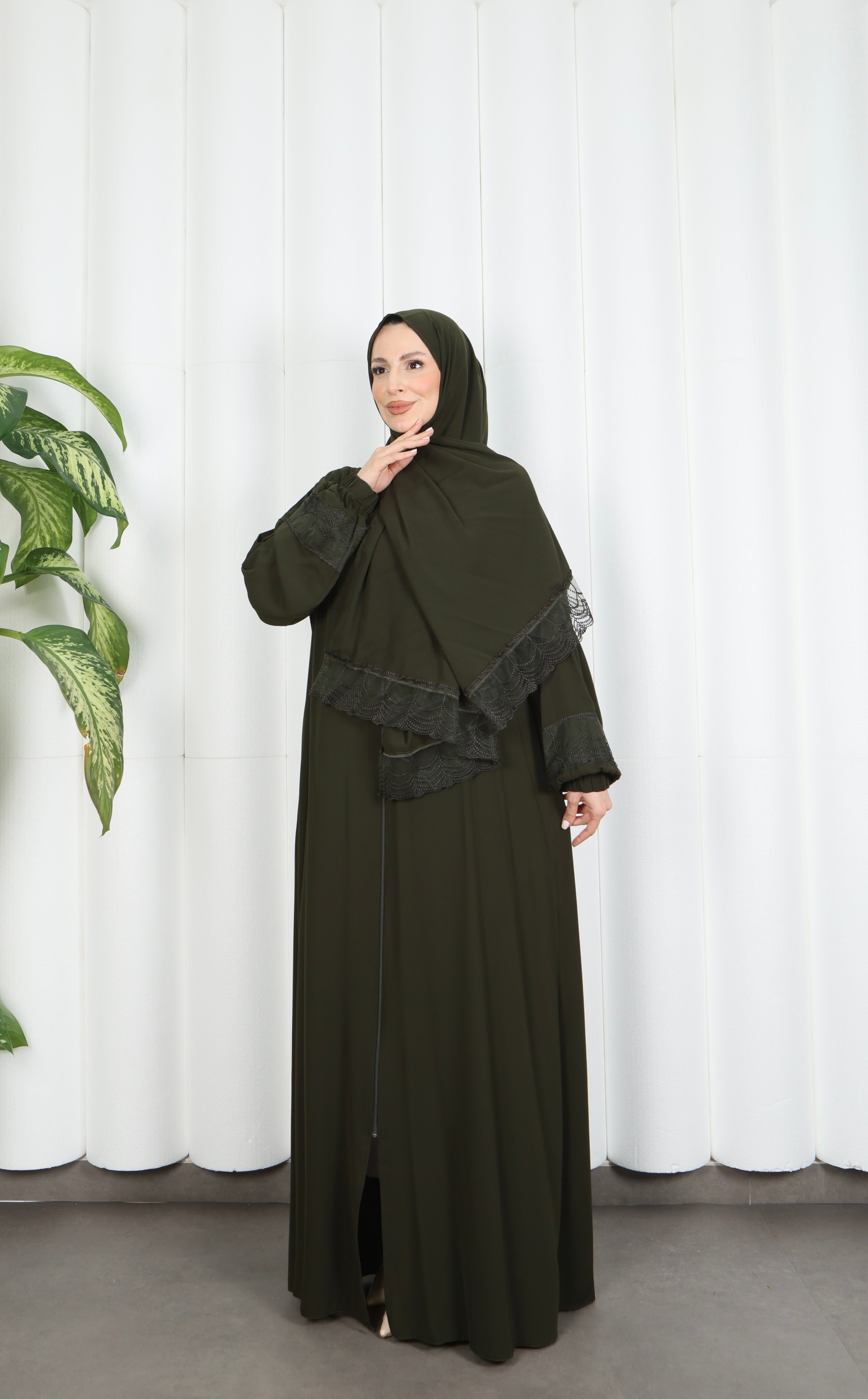 Kendinden  Şallı Fermuarlı  Namaz Elbise  Haki HNT7068