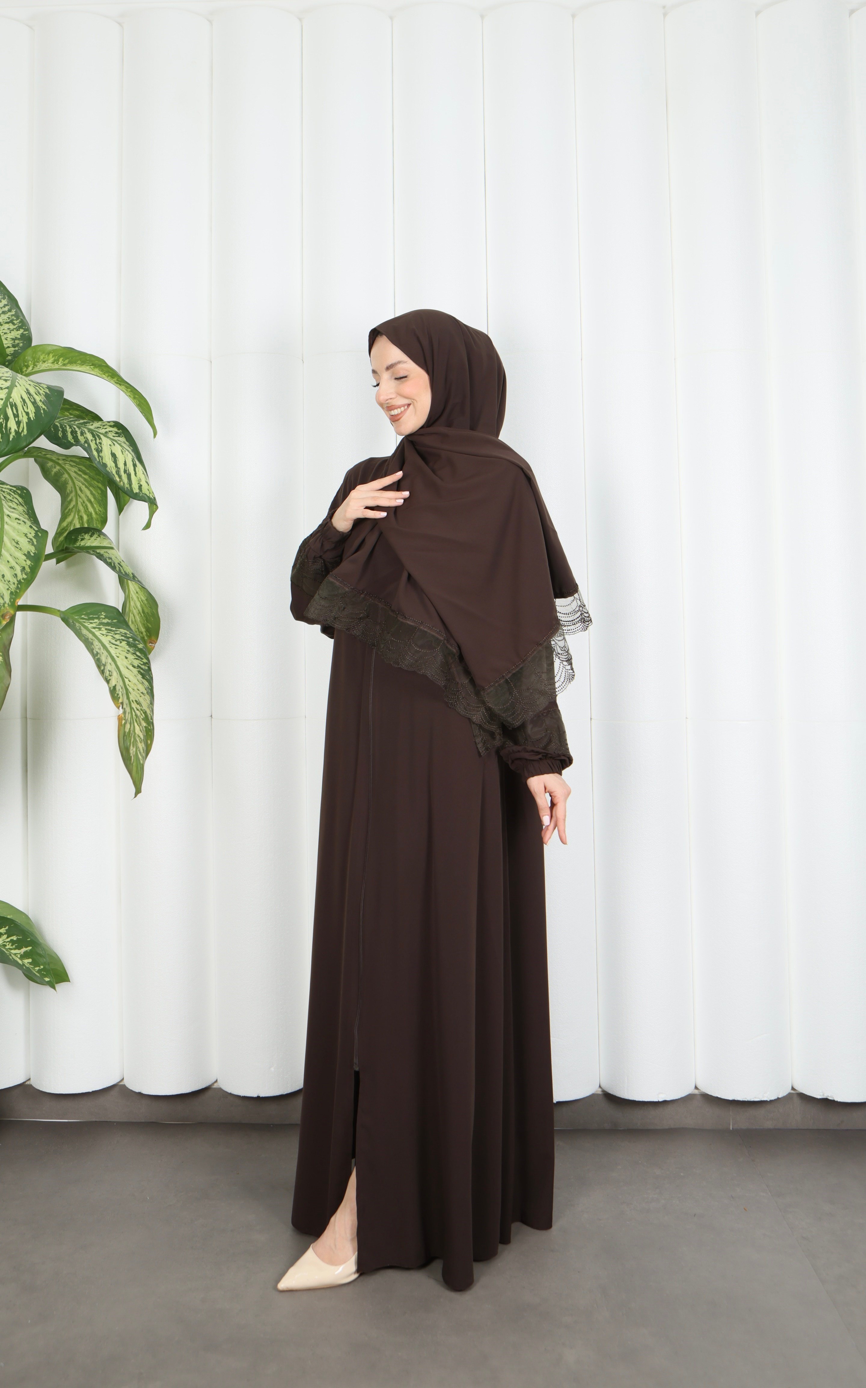 Kendinden Şallı Fermuarlı Namaz Elbise Acı Kahve HNT7068