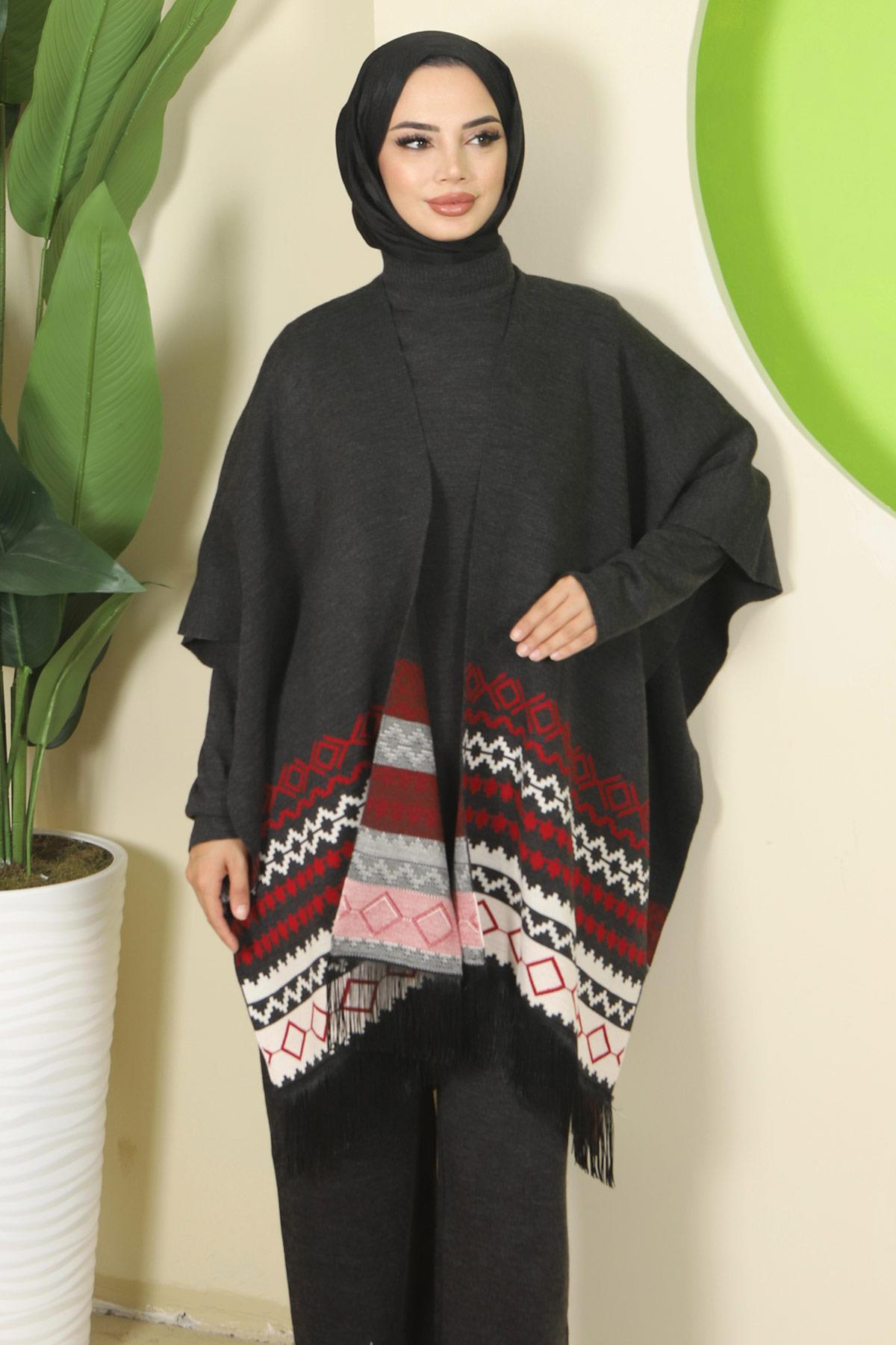 Kilim Desen Pançolu Üçlü Triko Takım Antrasit HM2816