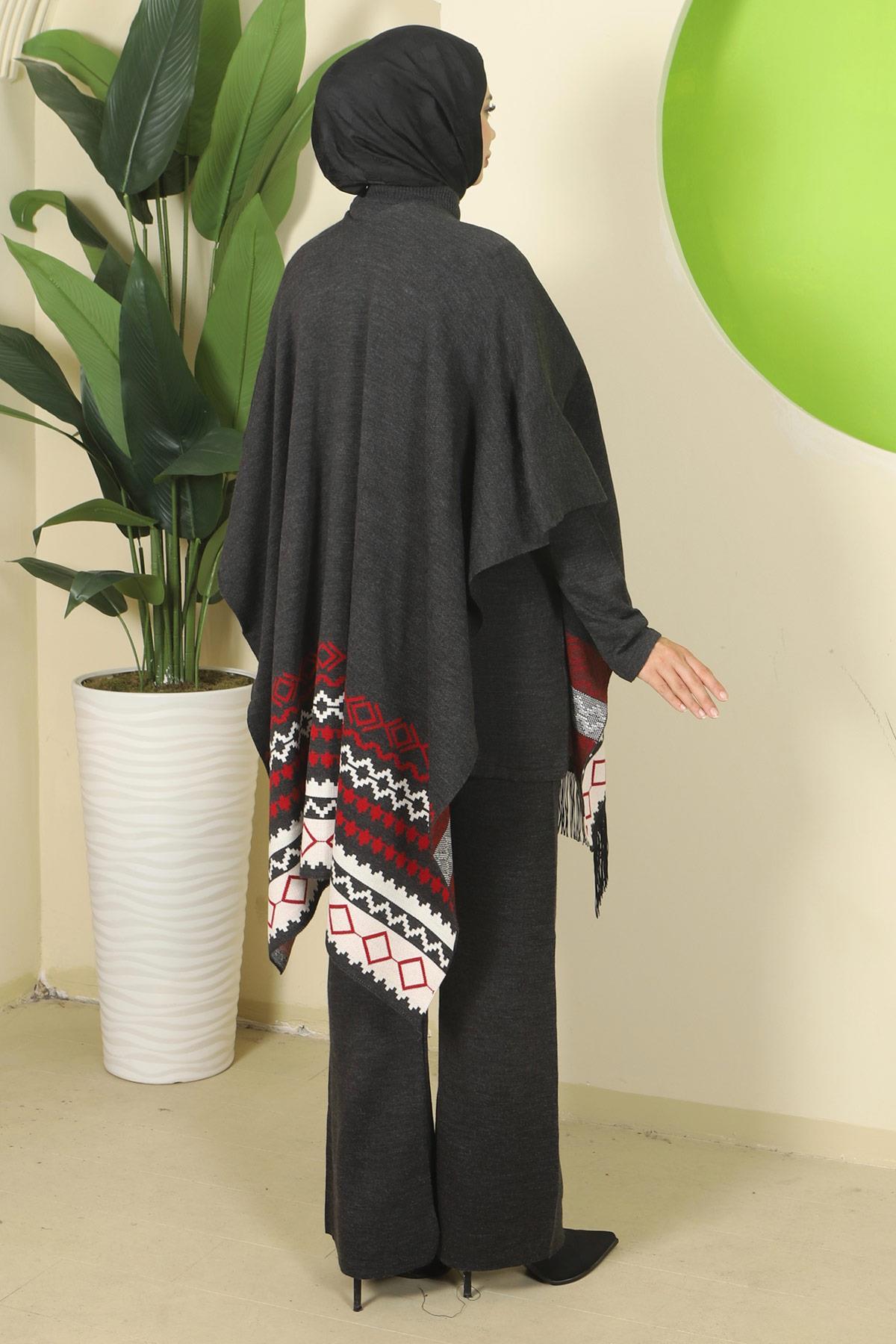 Kilim Desen Pançolu Üçlü Triko Takım Antrasit HM2816