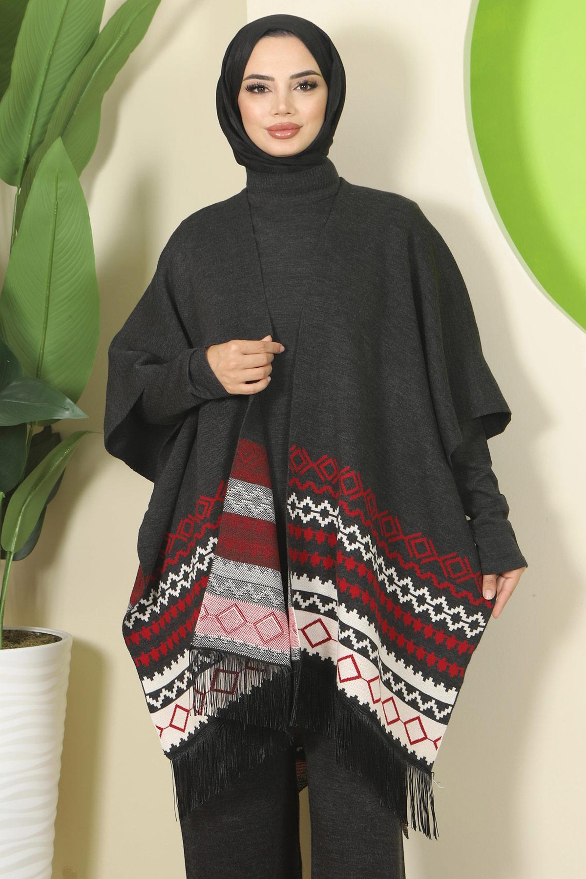 Kilim Desen Pançolu Üçlü Triko Takım Antrasit HM2816