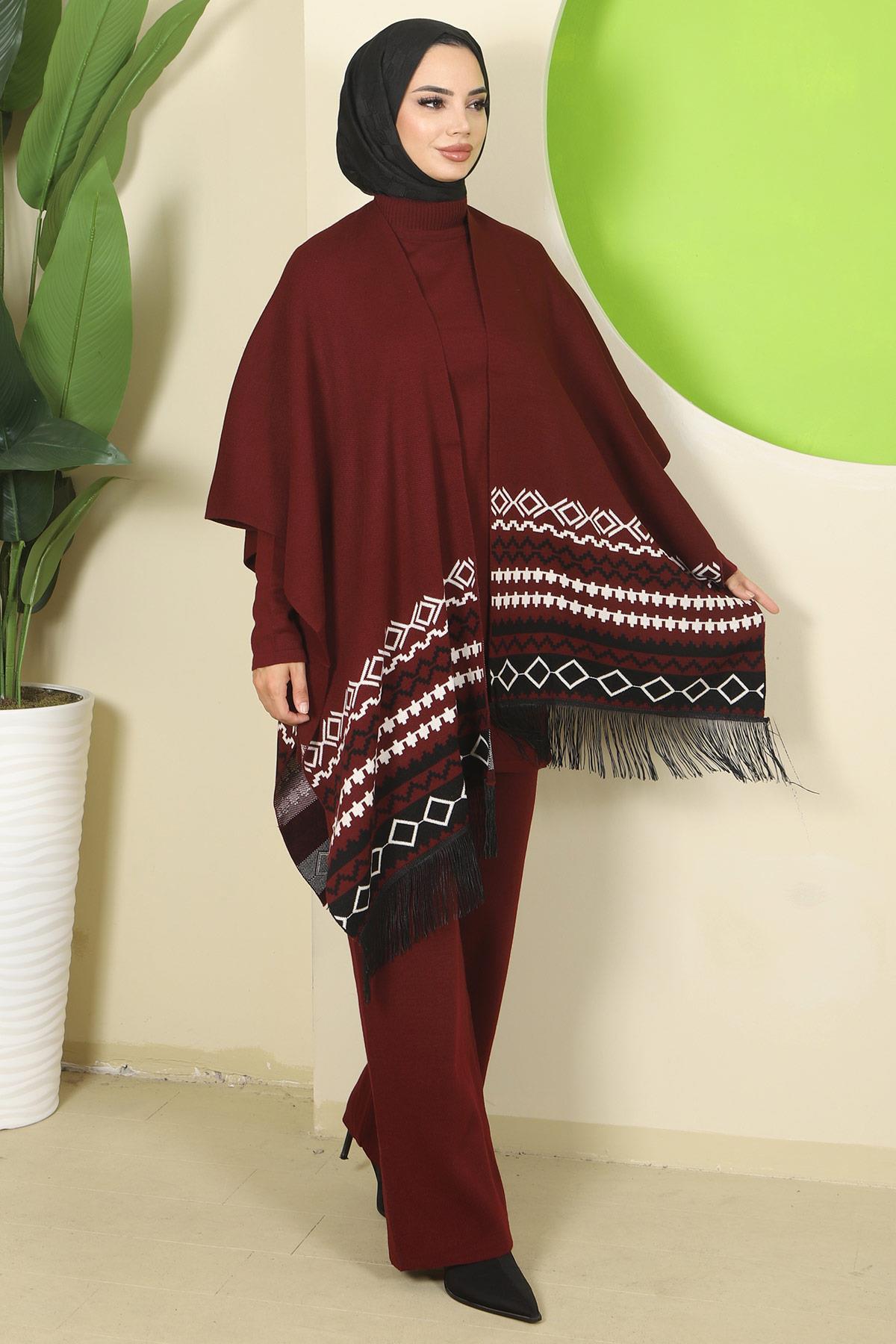 Kilim Desen Pançolu Üçlü Triko Takım Bordo HM2816