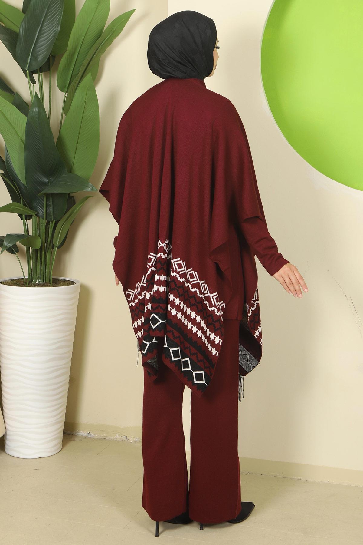 Kilim Desen Pançolu Üçlü Triko Takım Bordo HM2816