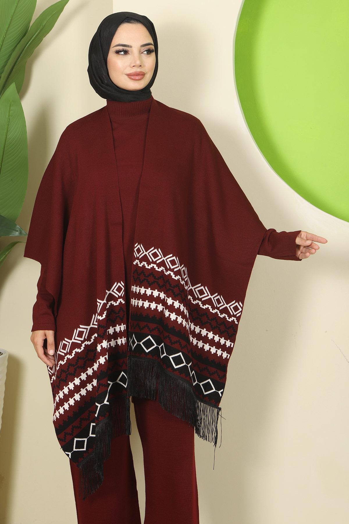 Kilim Desen Pançolu Üçlü Triko Takım Bordo HM2816