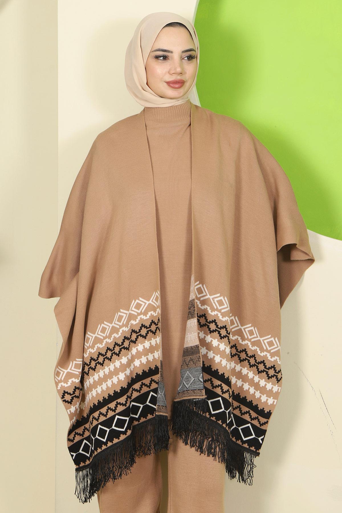 Kilim Desen Pançolu Üçlü Triko Takım Camel HM2816