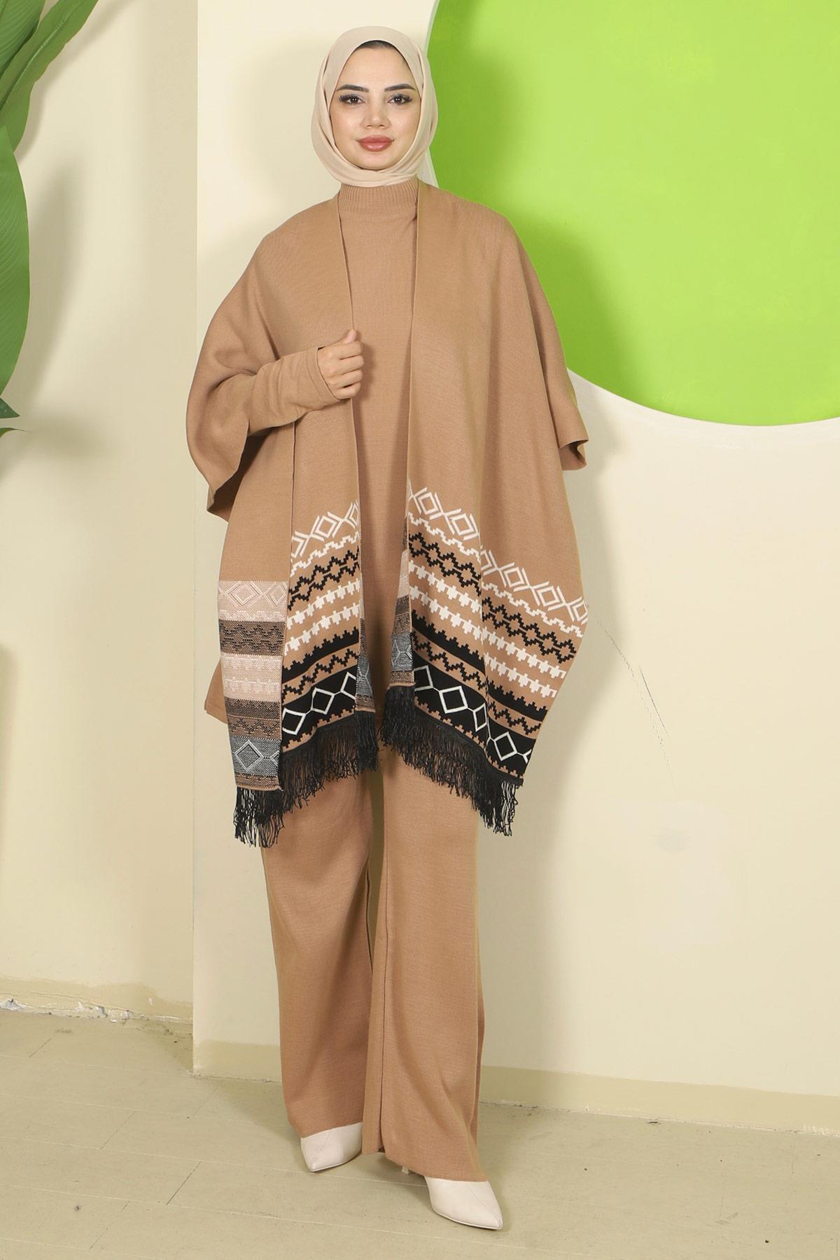 Kilim Desen Pançolu Üçlü Triko Takım Camel HM2816